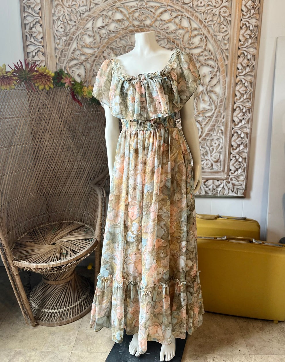 Vintage Dress 70s Candi Jones Floral Smocked Cottagecore Hippy Maxi M
