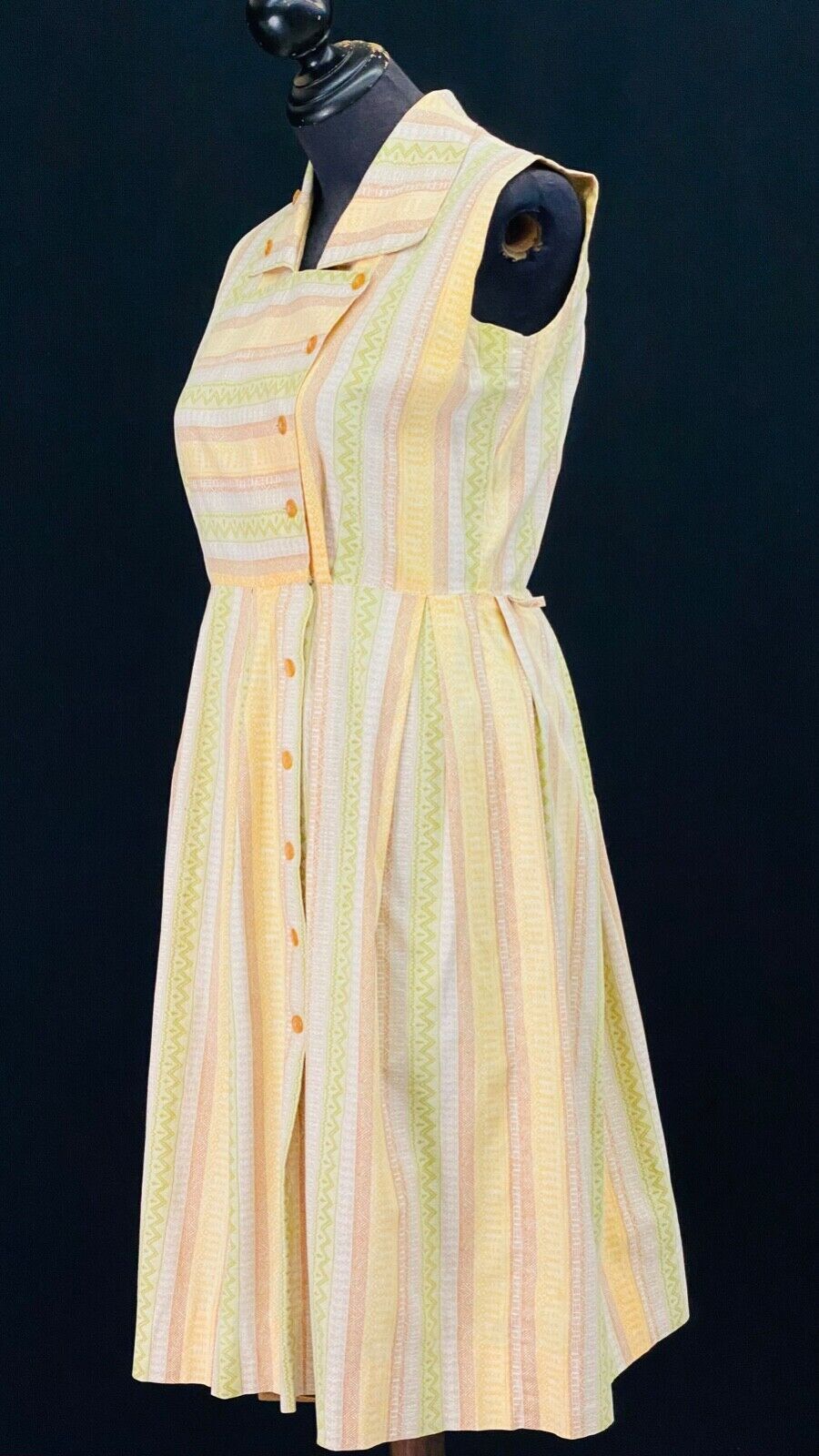 Vintage 1950s yellow green sleeveless dress, asymmetric shirt collar cotton L XL