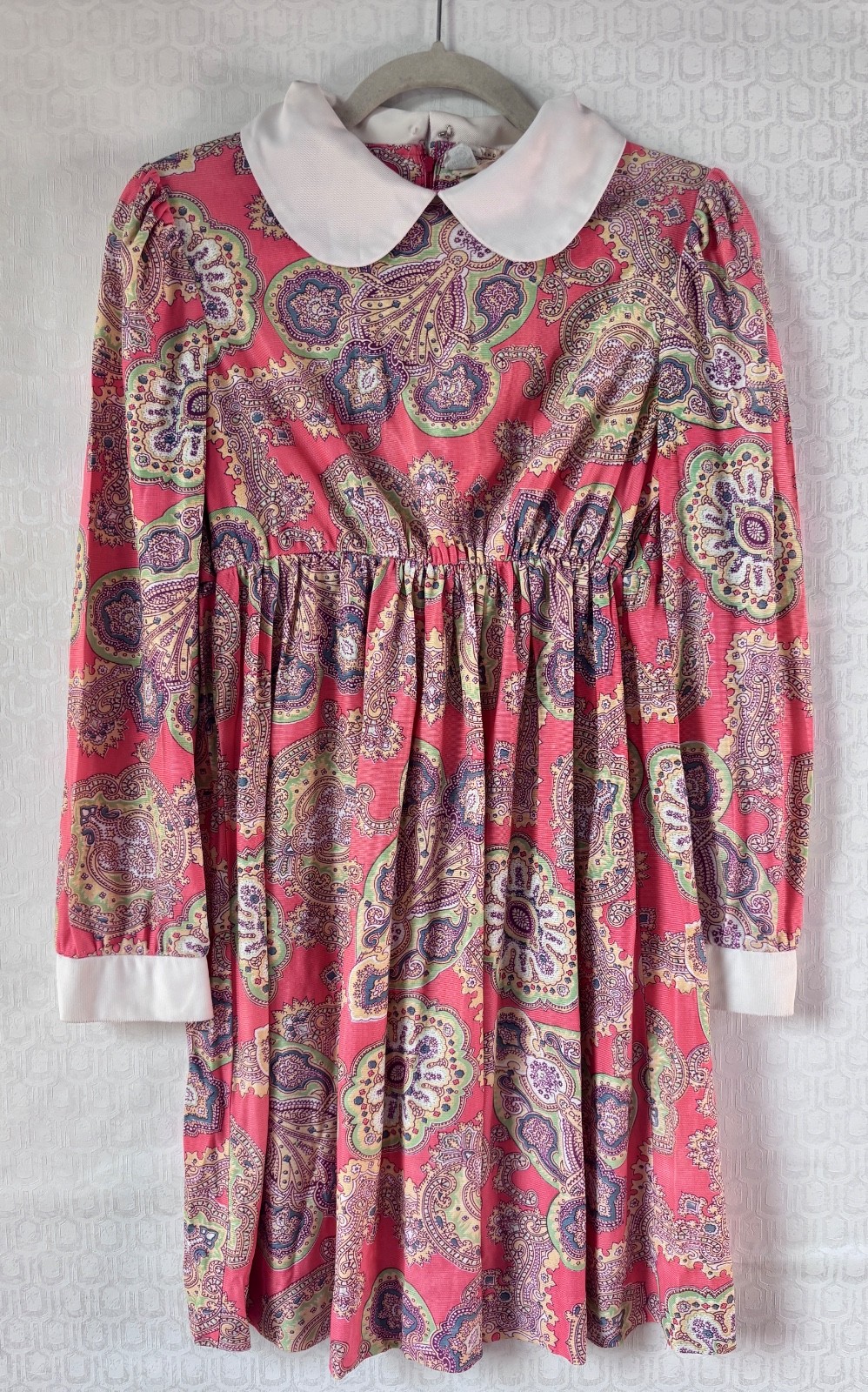 VTG MOD 60’S DK PEACH PAISLEY FLORAL BOHO HIPPY BABYDOLL MINI DRESS*XS
