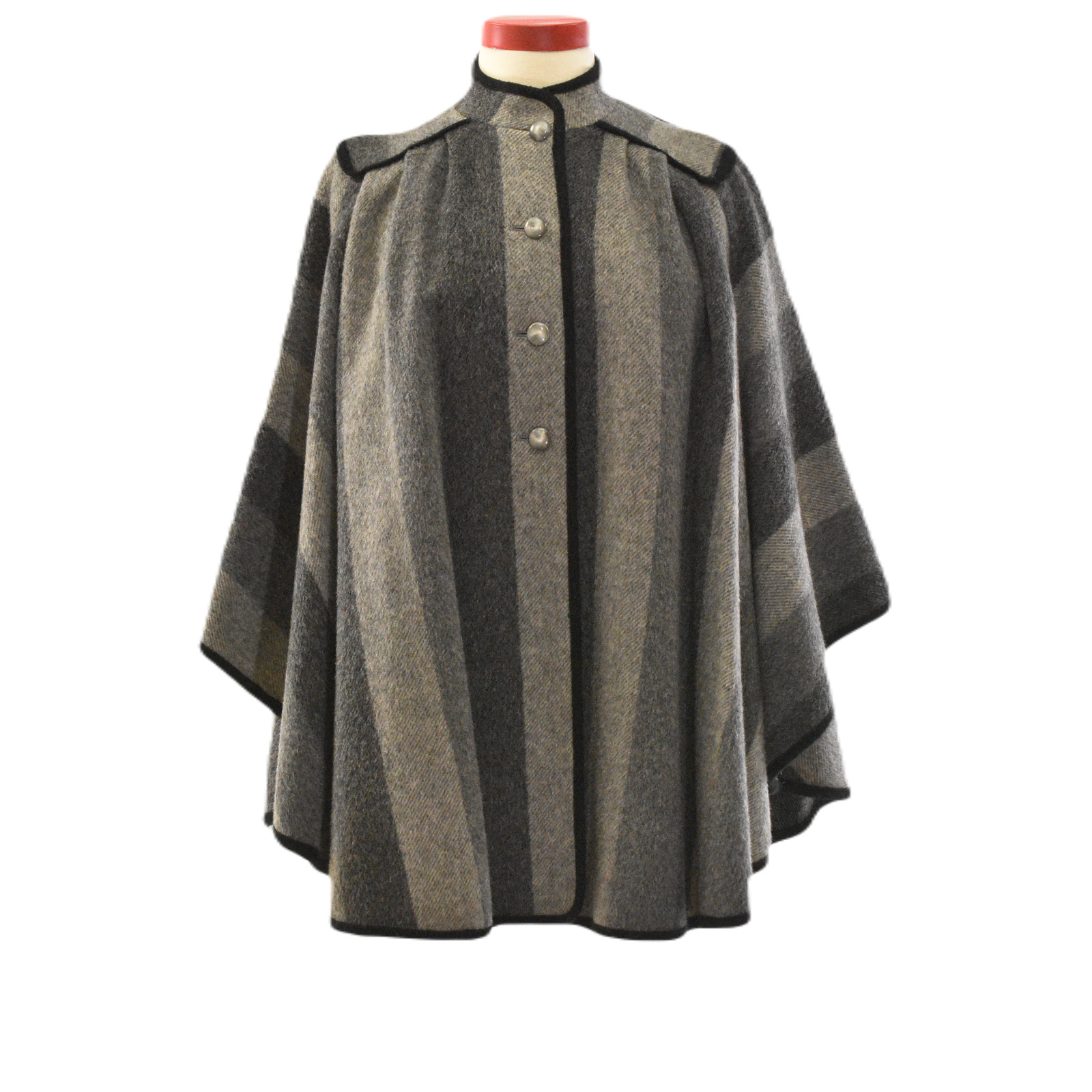 Alorna Gray Striped Cape Black Trim 100% Wool Cape Womens L Stand Up Collar