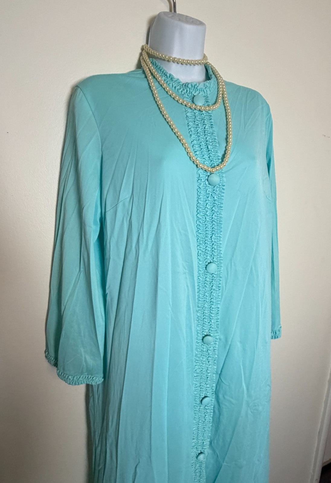 70s Vintage Gossard Aqua Turquoise Maxi Lounge Robe Duster Dress L Made in USA