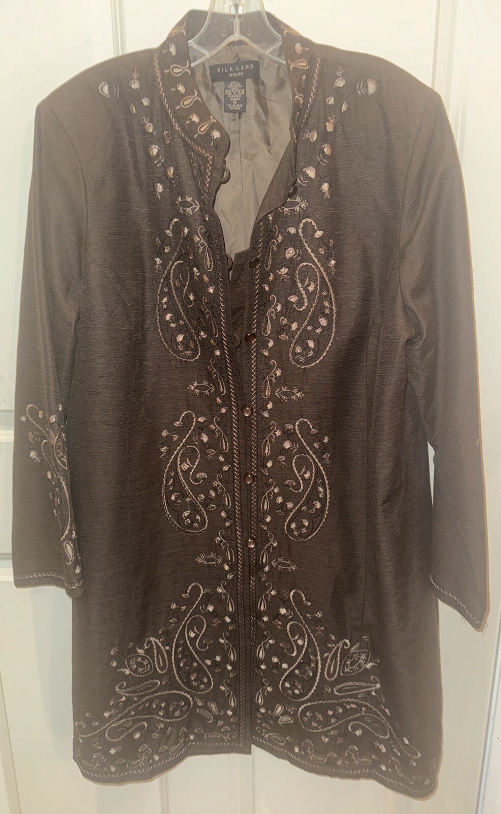 Silk Land Women’s 1X Silk/Rayon Embroidered/Beaded Brown Button Long Jacket Top
