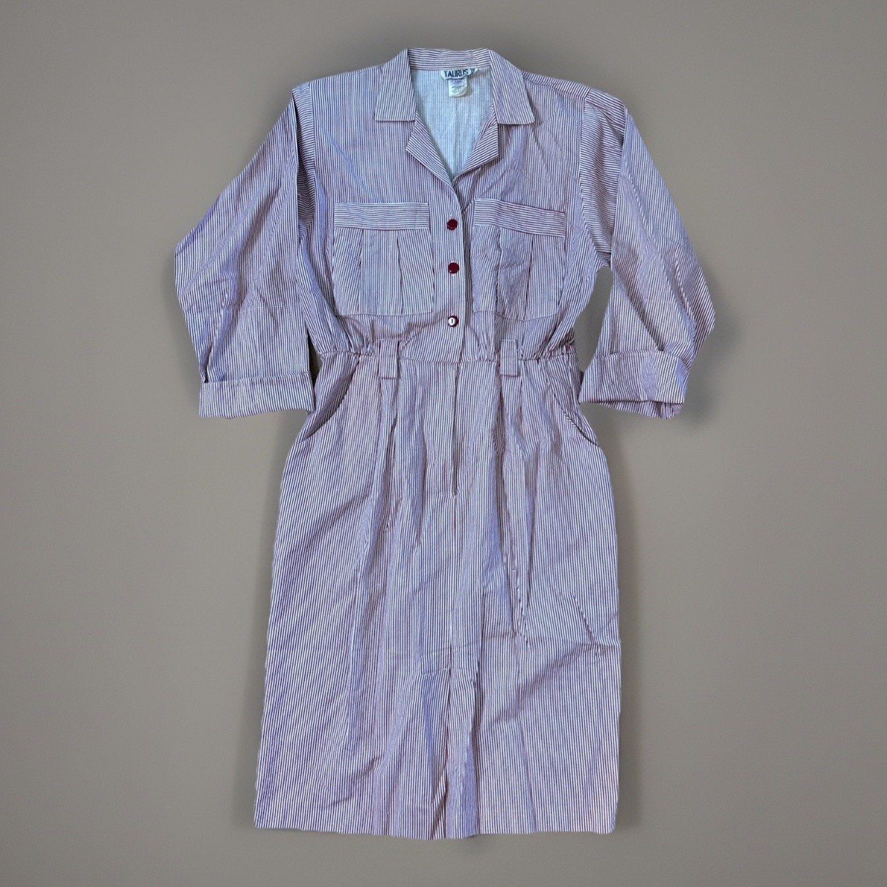 Vintage 80s Taurus II Union Made Striped Midi Shirt Dress Red White Size 10 USA