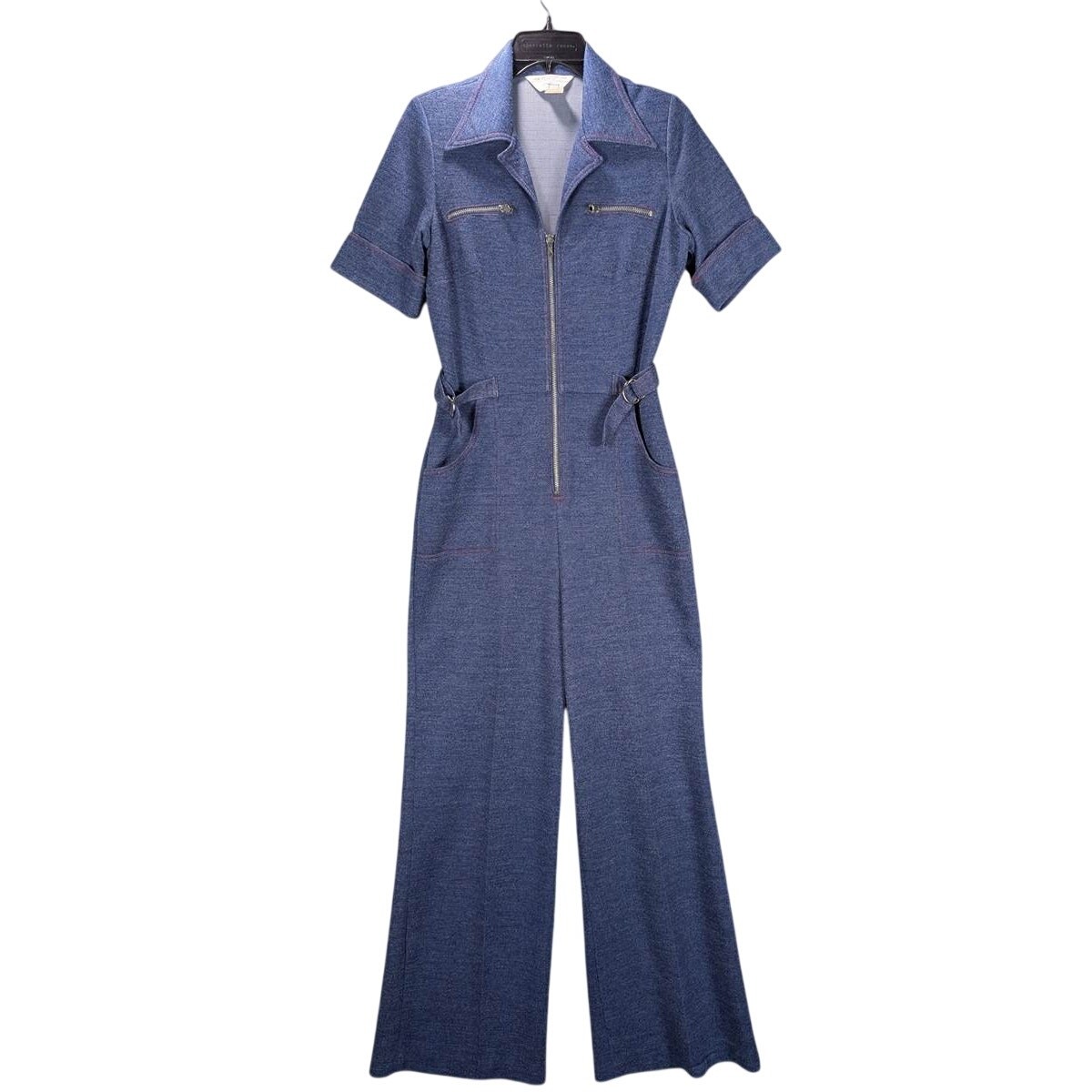Vtg JCPenney Jumpsuit Womens 14 chambray Blue Wide Leg Short Sleeve Zip READ