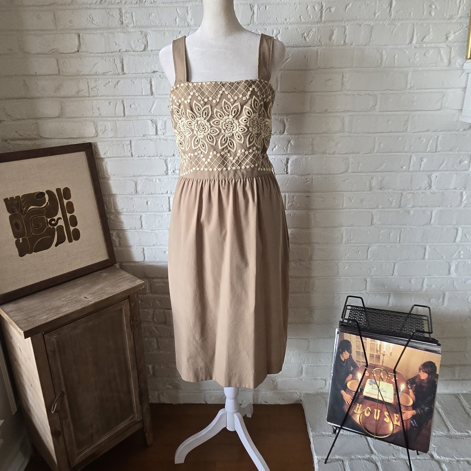 Vtg 70s Tan/Brown 2 Piece Set, Embroidered, Jacket & Dress, Union, M