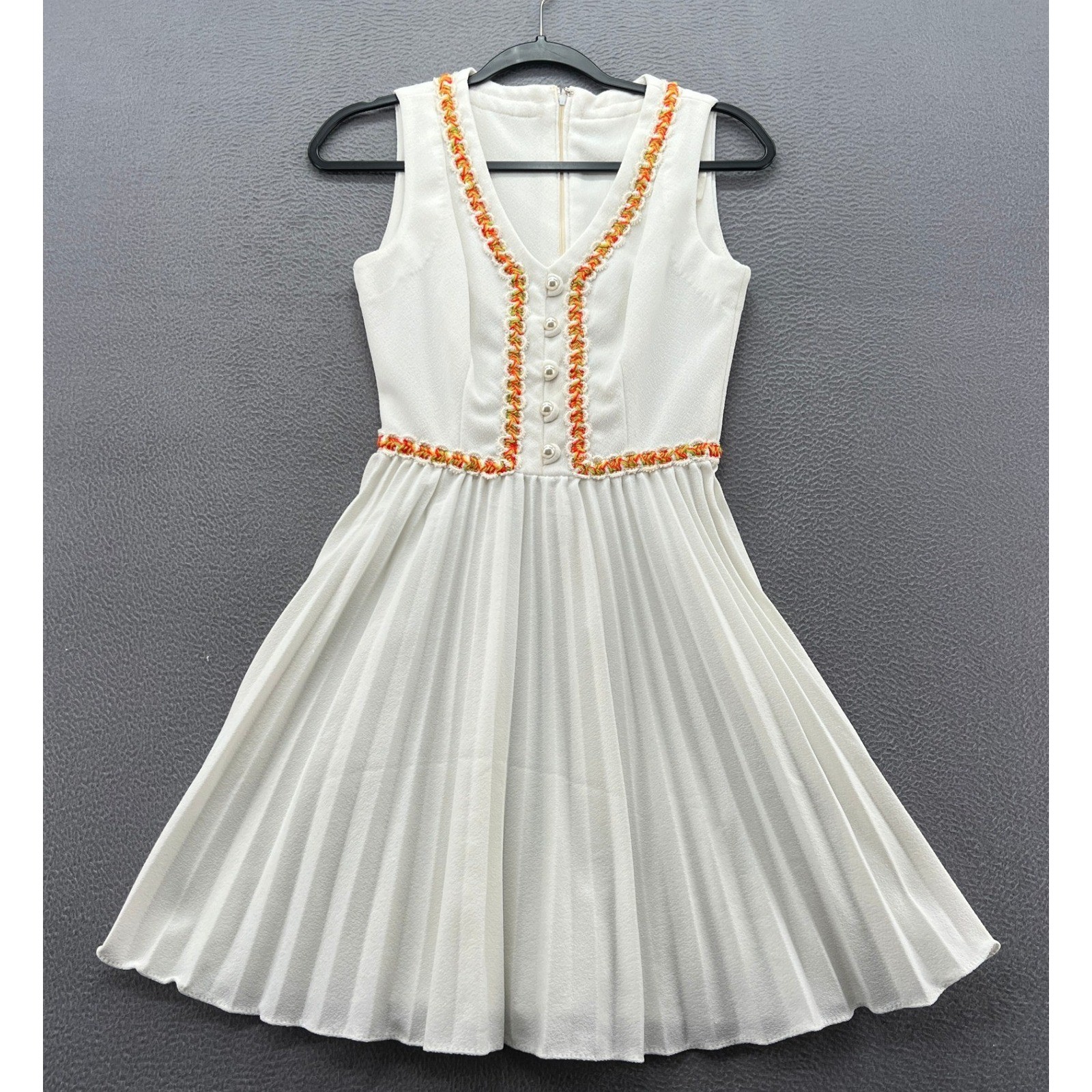 Vintage ILGWU White Pleated Mini Dress Sleeveless Braided Trim Pearl Buttons