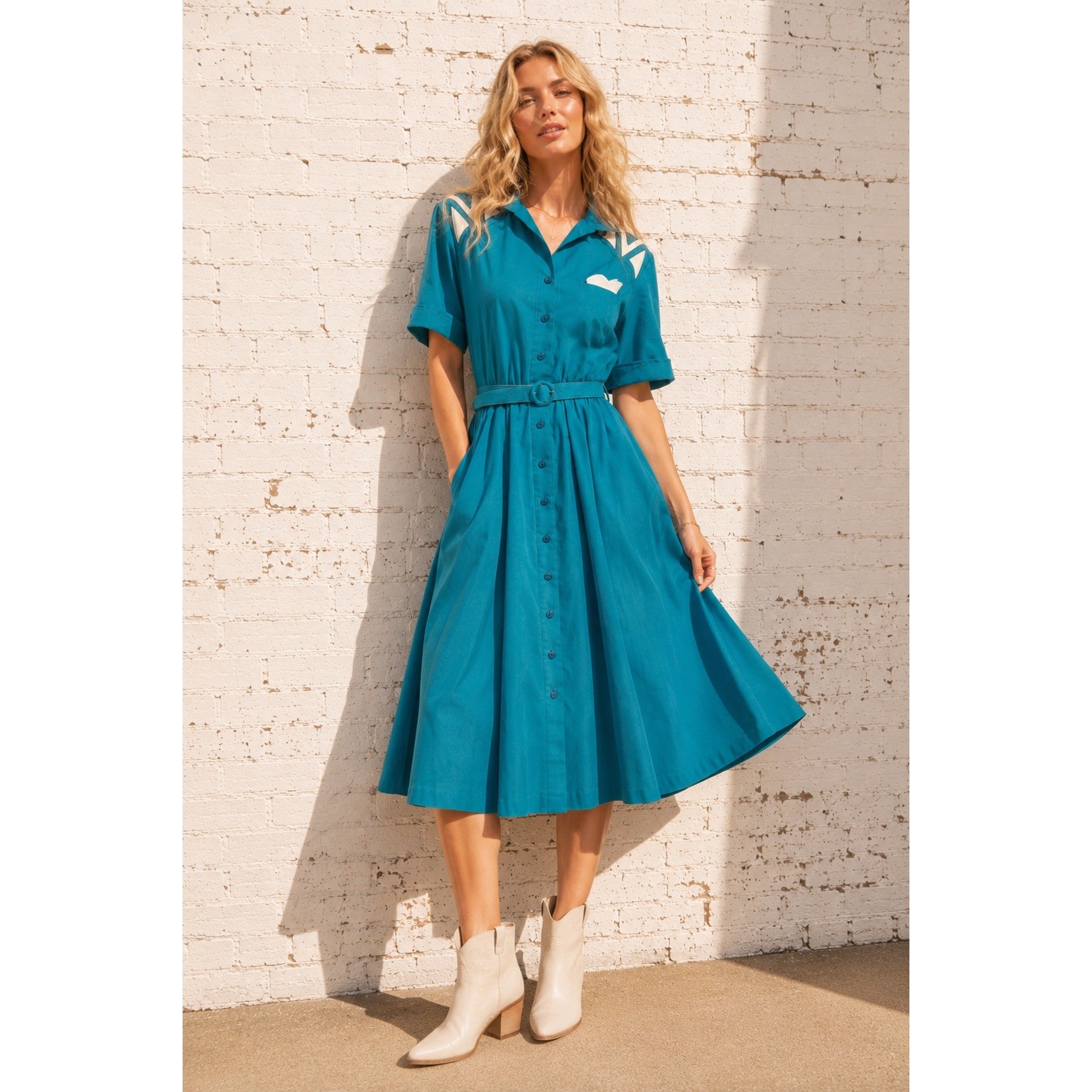 Vintage Teal Shirt Dress Belted Western Midi USA 80s Button Front Size 6
