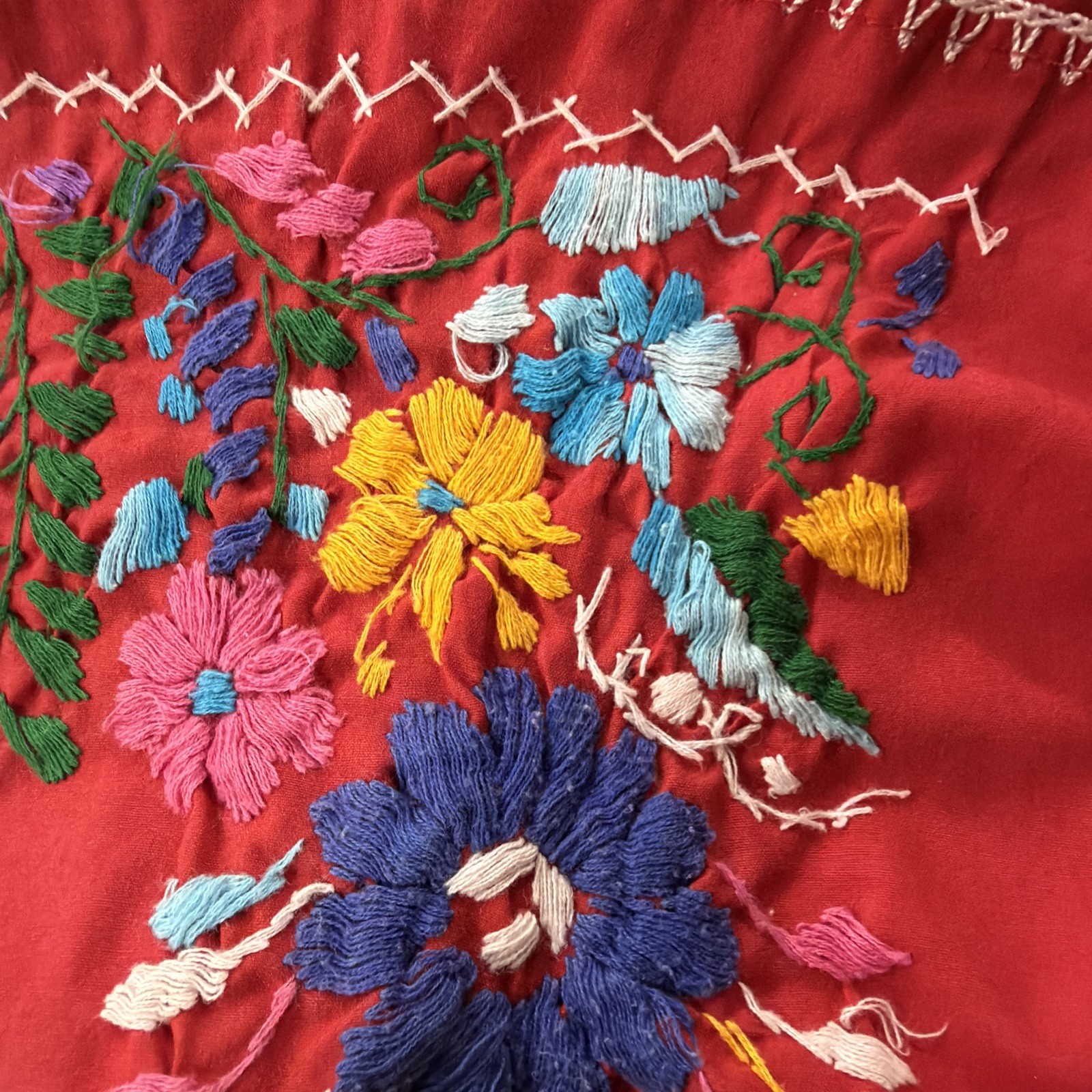 VTG Hand Embroidered Oaxaca Mexican Folk Art Dress Floral Motifs Women Size L