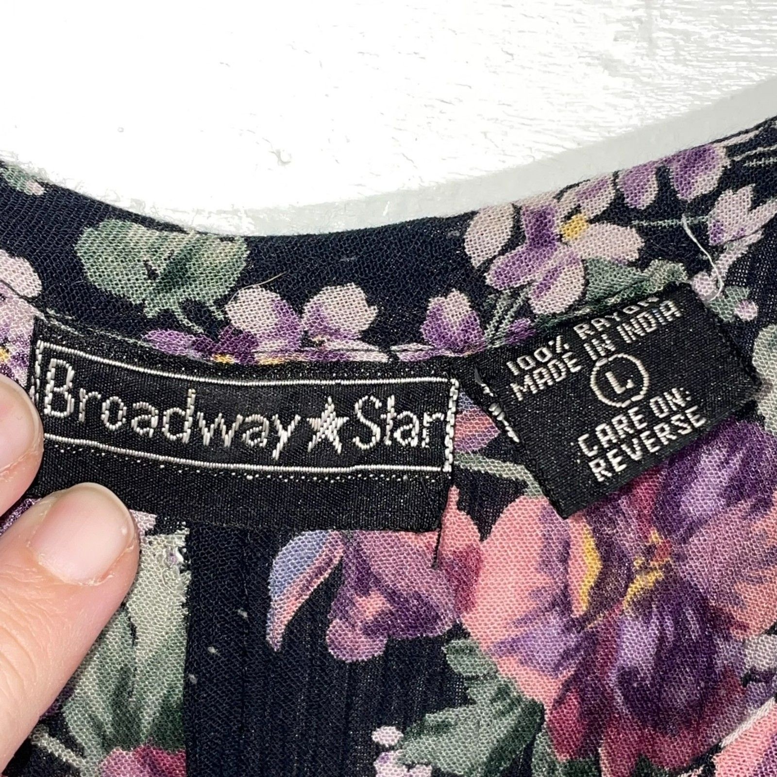 Vintage Rayon Floral Maxi Dress Black Pink Purple Size L Broadway Star