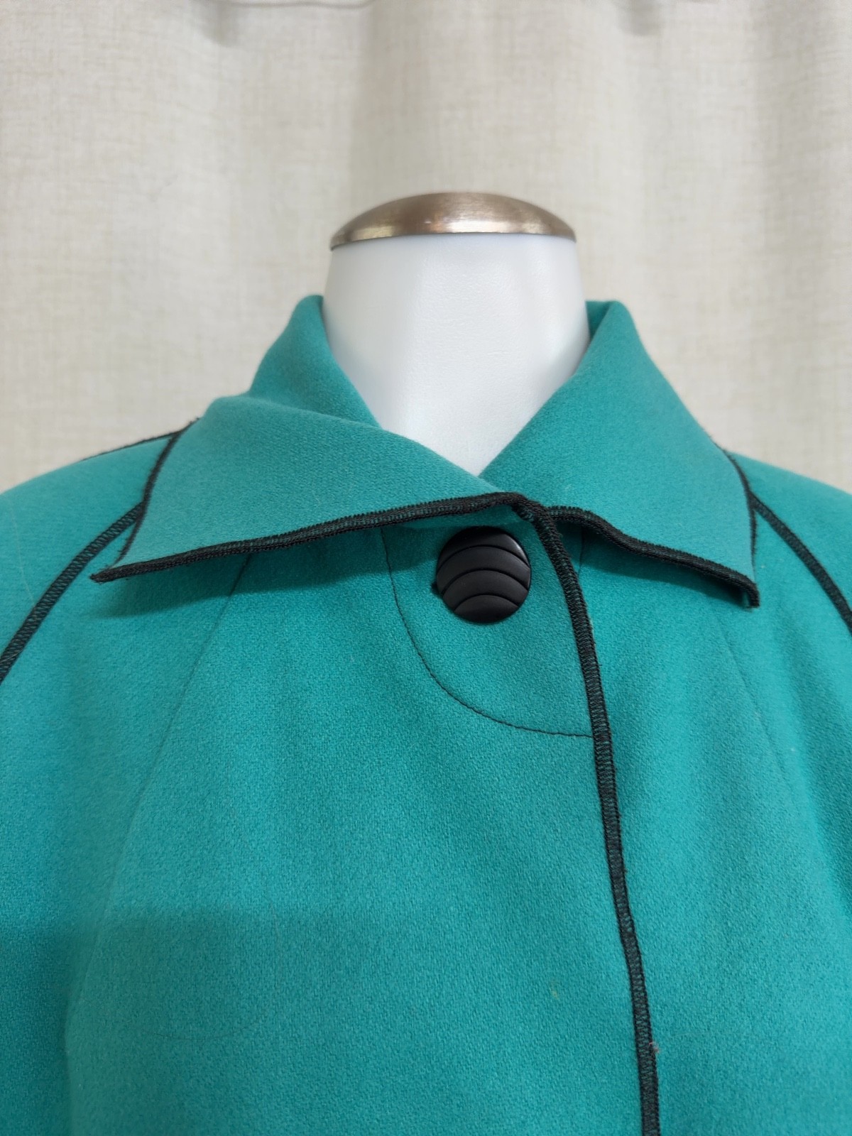 BEPPA Teal Wool Coat Jacket Swing Vintage Contrast Piping Sz S CMF