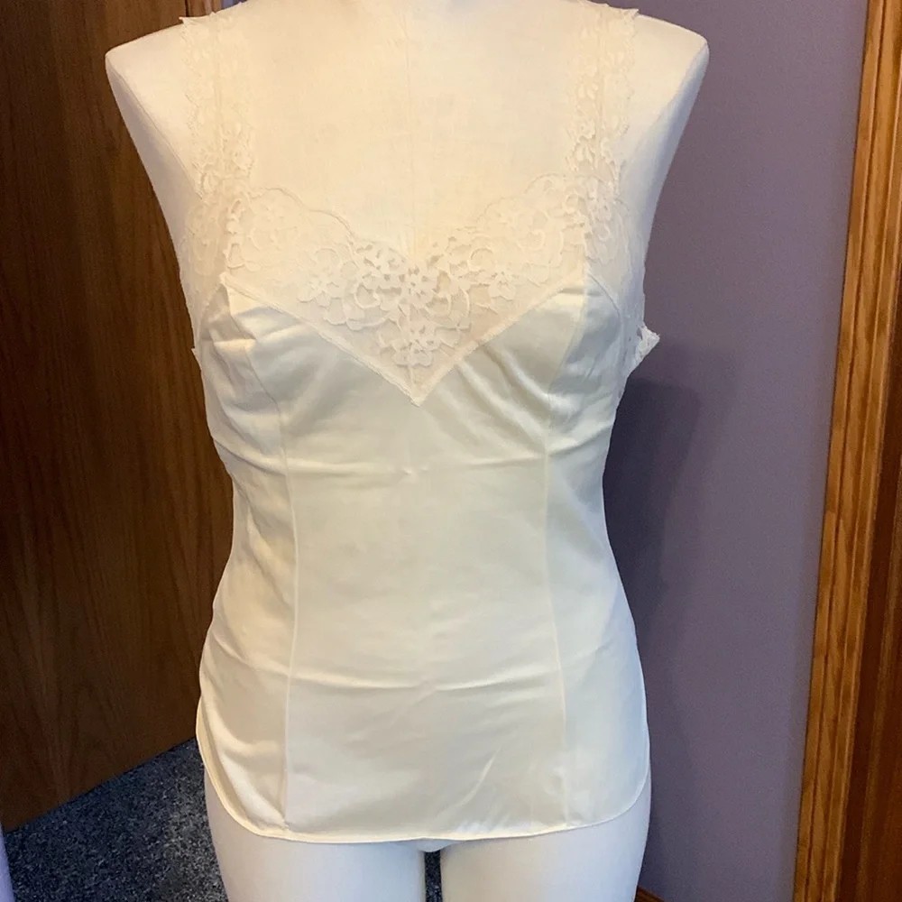 Women’s Ivory Satin Camisole Lingerie Top with Lace Trim, Satin Fabric