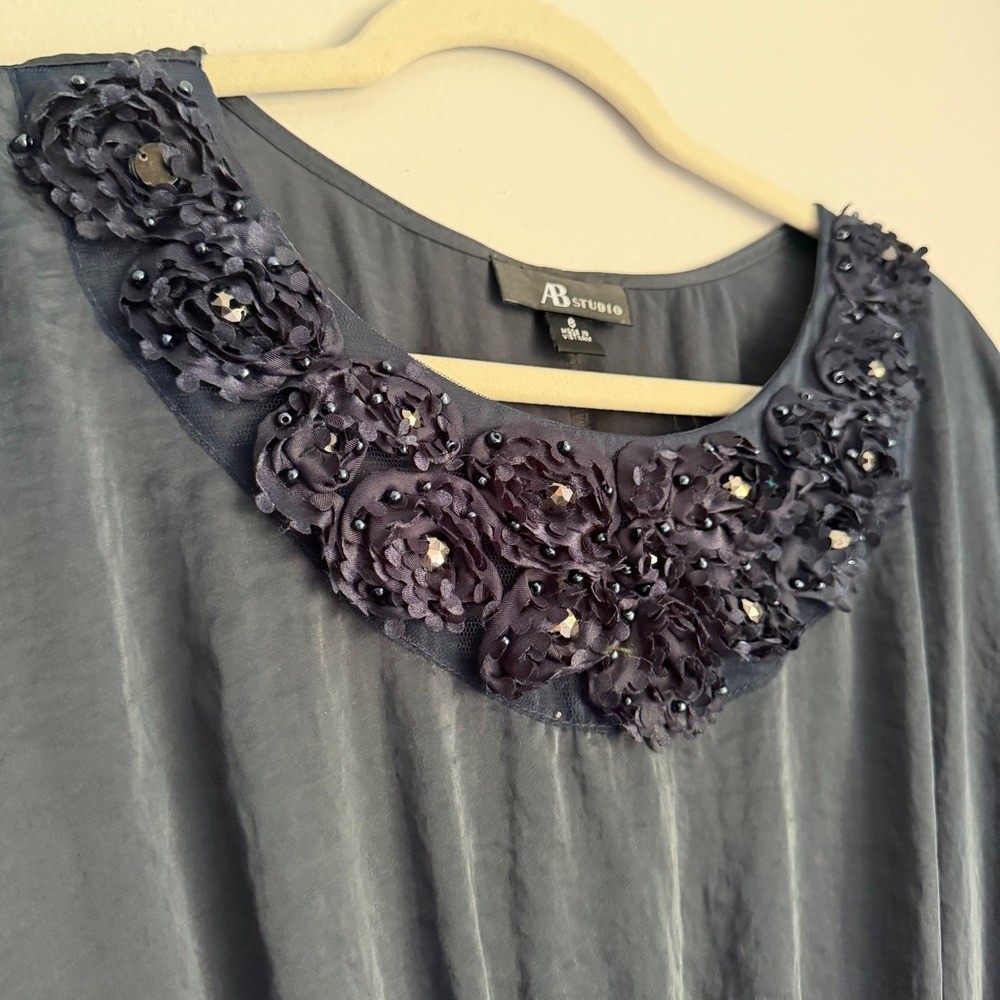 Y2K AB Studio Satin Charcoal Gray Floral Neckline Dolman Sleeve Dress 6