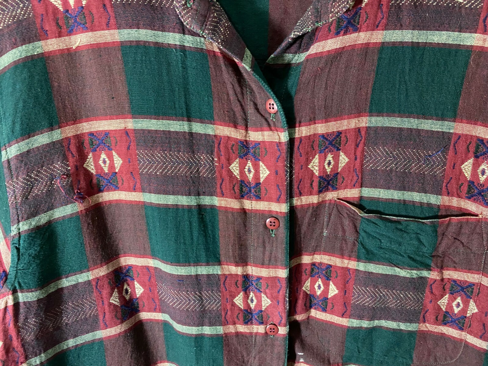 1980’s Blouse-Company One-M-Dark Red/Green/Cream -VG-India-ETHNIC BOHO LOOK-SALE