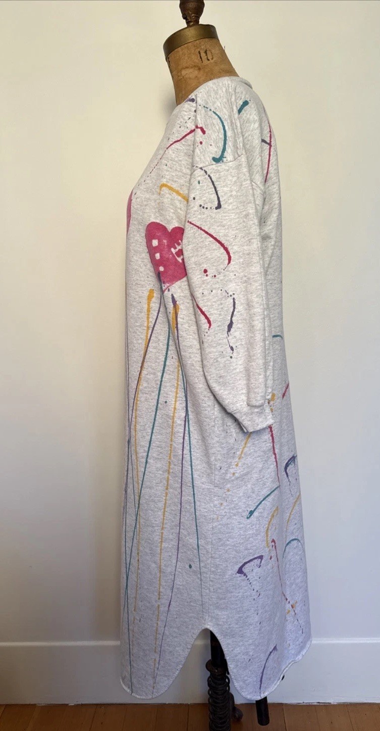 Vintage 80’s Cozy Sweatshirt Dress Heart Splatter Paint Print Cozy One Size