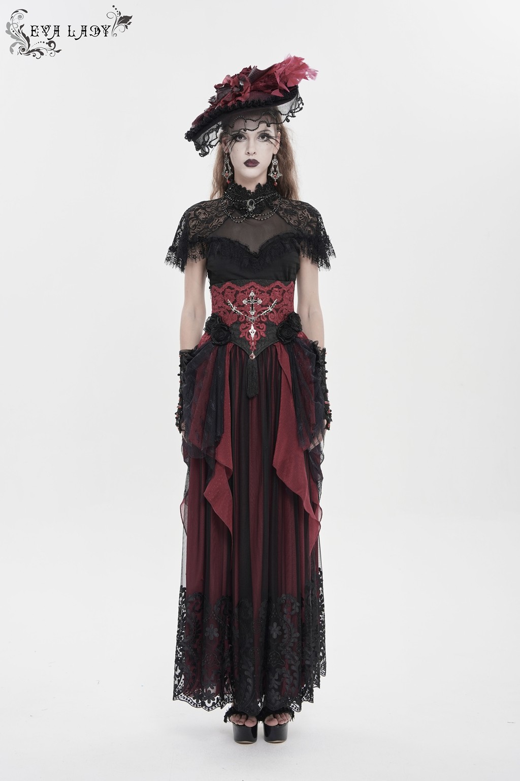 Eva Lady Women Black Red Retro Gothic Elegant Cross Bat Corset With Tulle Skirt