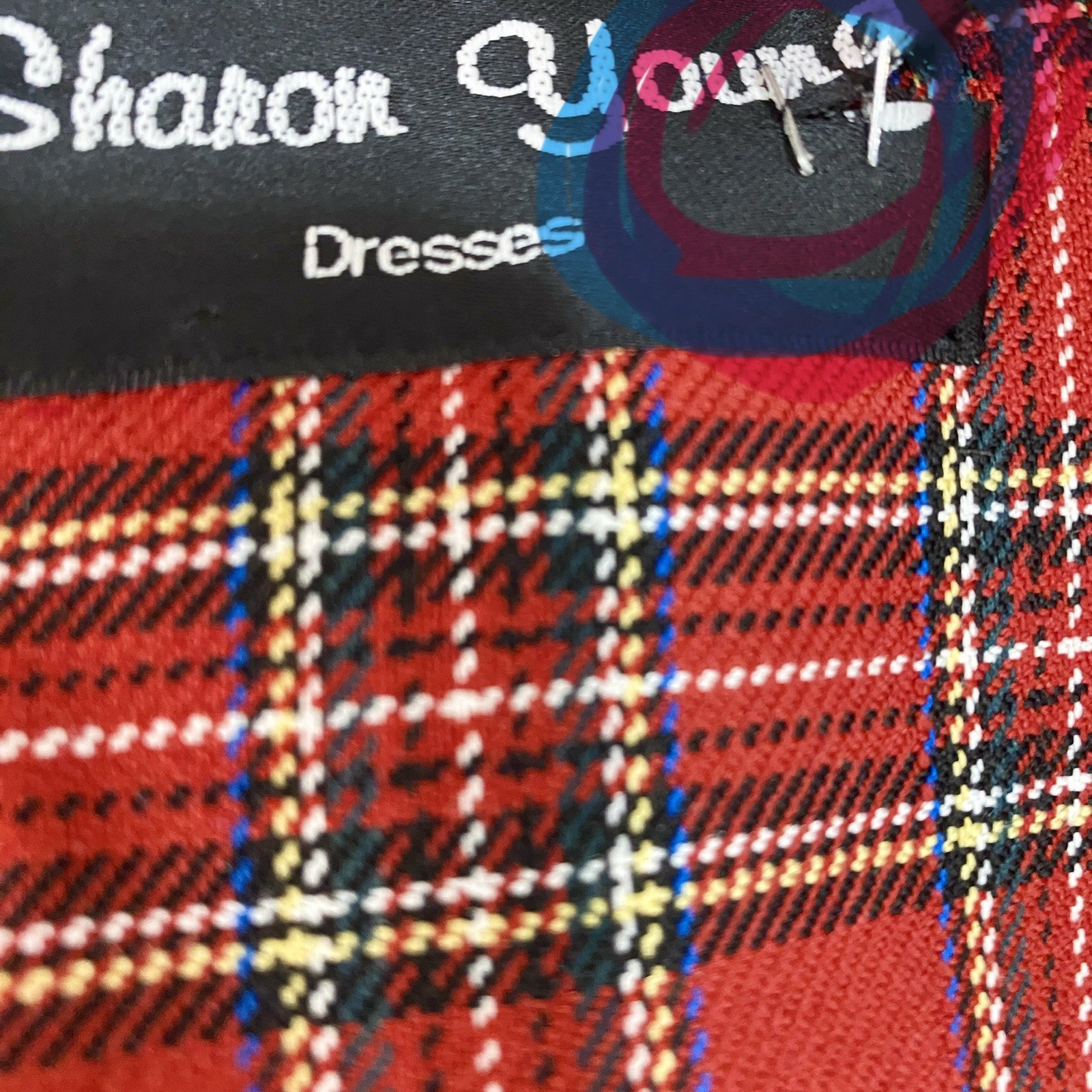 Vintage Sharon Young Plaid Dress Velvet Trim Mock Pockets Unlined Cute Buttons