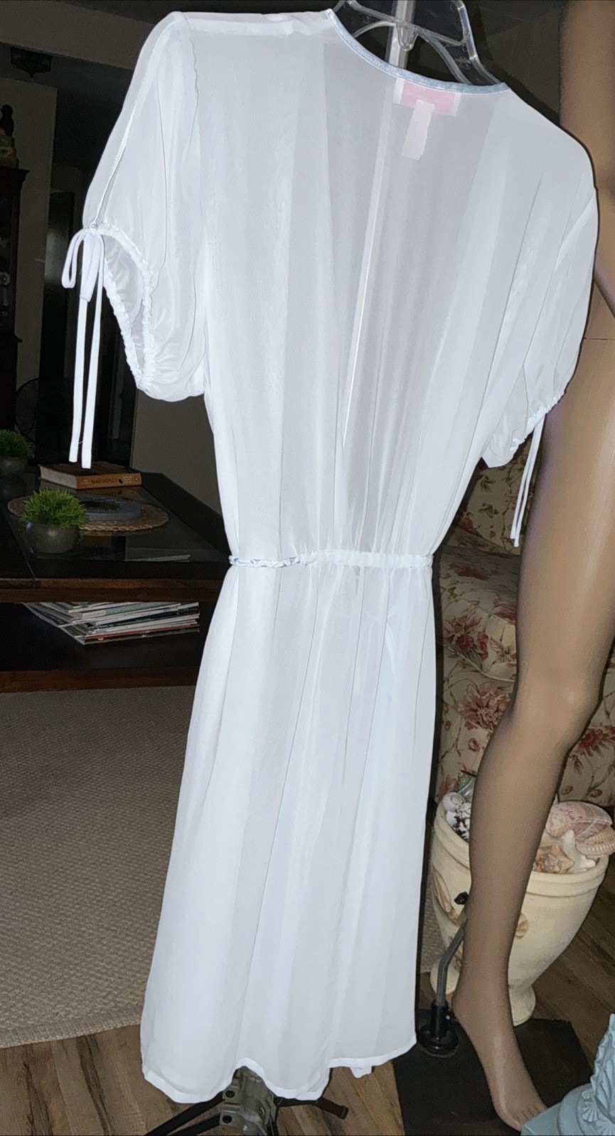 VTG Oscar de la Renta Pink Label Chiffon Robe Sheer BABY BLUE ShortSleeve Sz MED