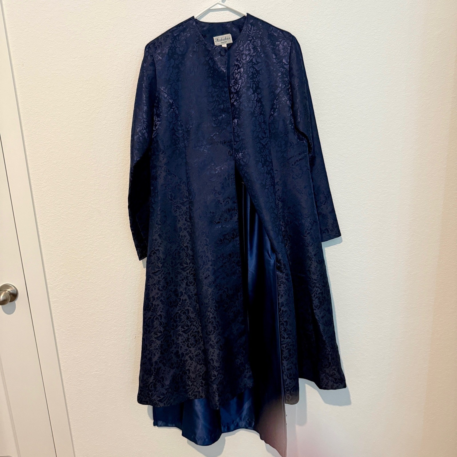 Fashahnn Chicago Brocade Duster & Skirt Set Womens L Navy Blue Floral