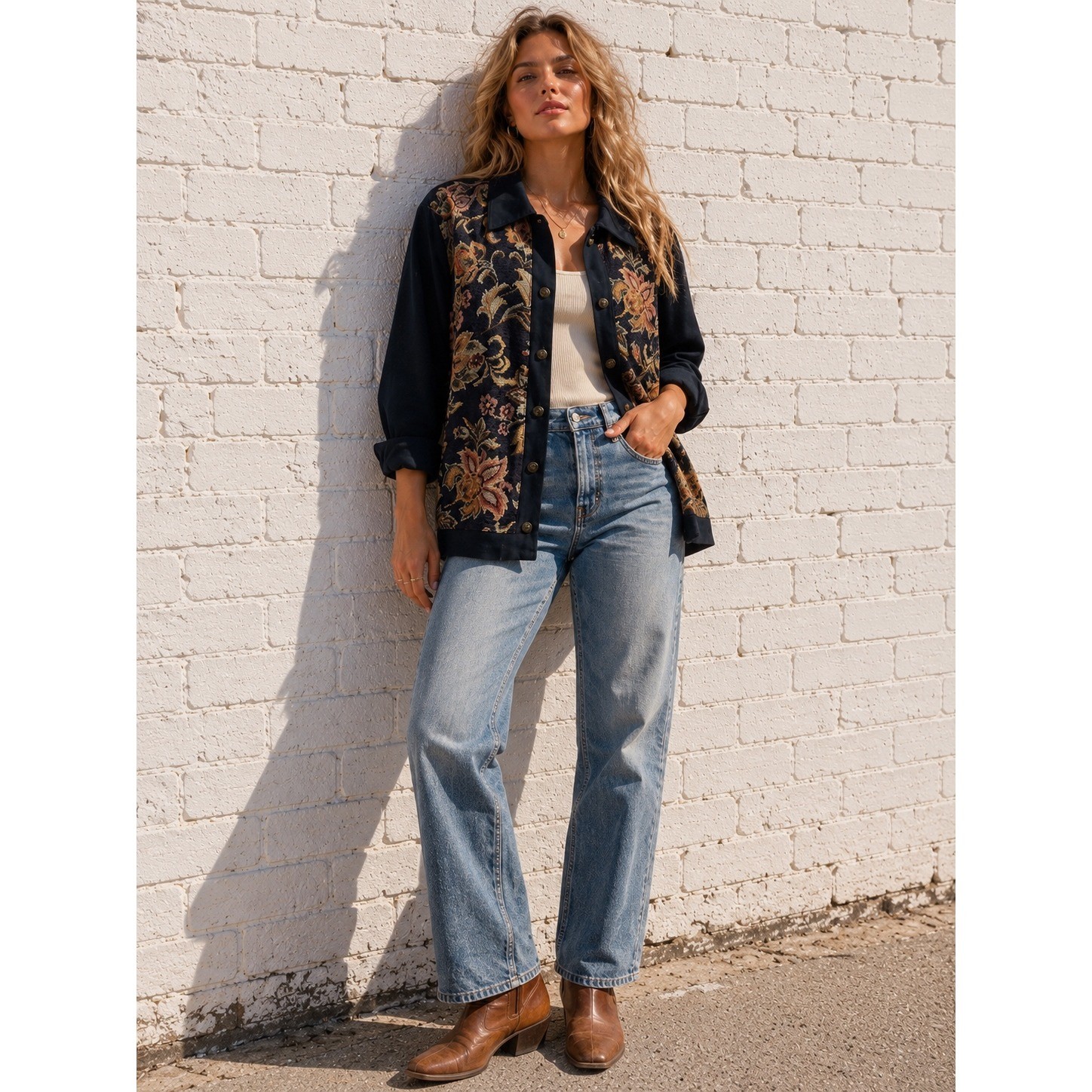 Vintage Studio Ease Navy Blue Tapestry Floral Button Up Jacket Shacket Boho 18W