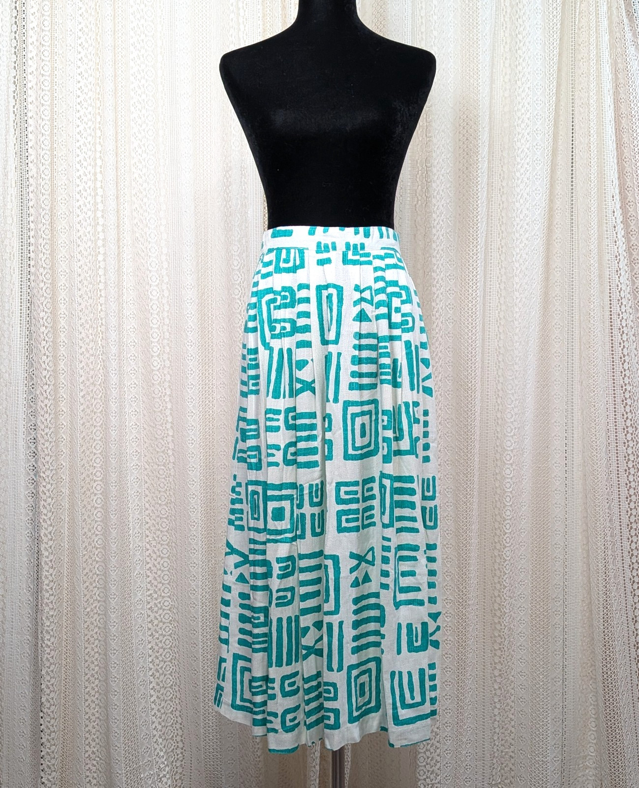 Vtg 80s Green & Ivory Linen Rayon Blend Geometric Tribal Abstract Maxi Skirt XS