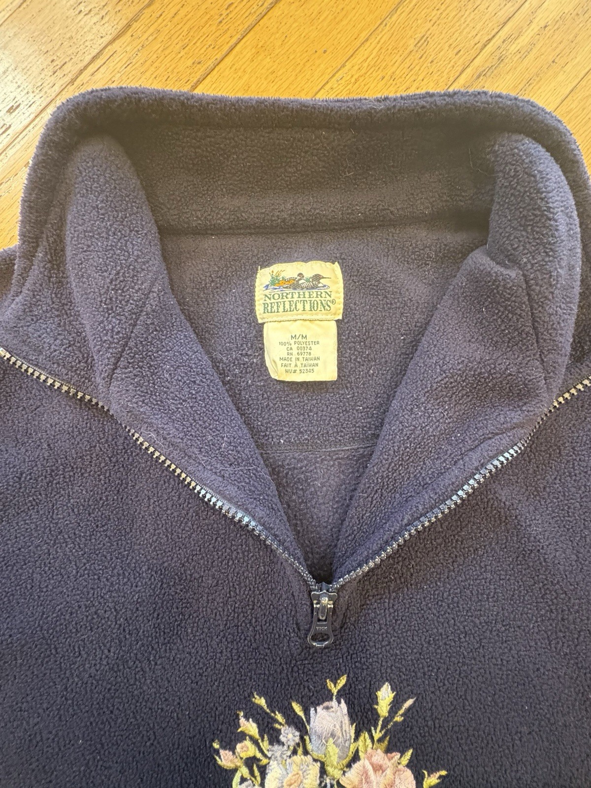 Northern Reflections Vintage Blue Fleece 1/4 Zip Floral Embroidered Pockets M