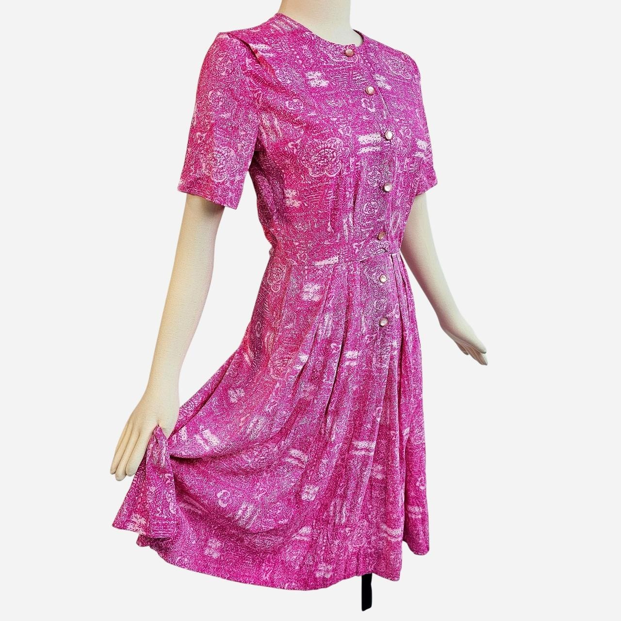 Shelton Stroller Pink Abstract Floral Dress 1950s Vintage 1960s Button Front