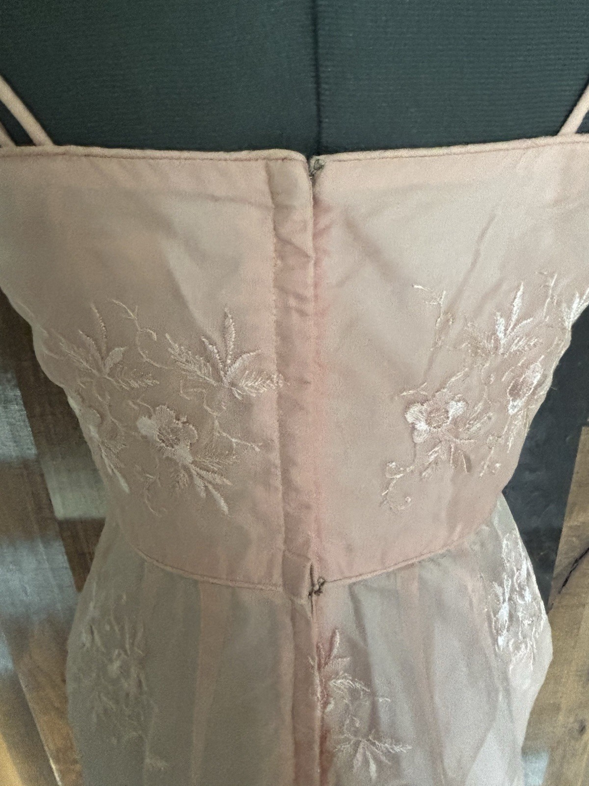 Vintage Pink Embroidered Organza Wiggle Dress Pin-Up Tiki Rockabilly XS Flawed