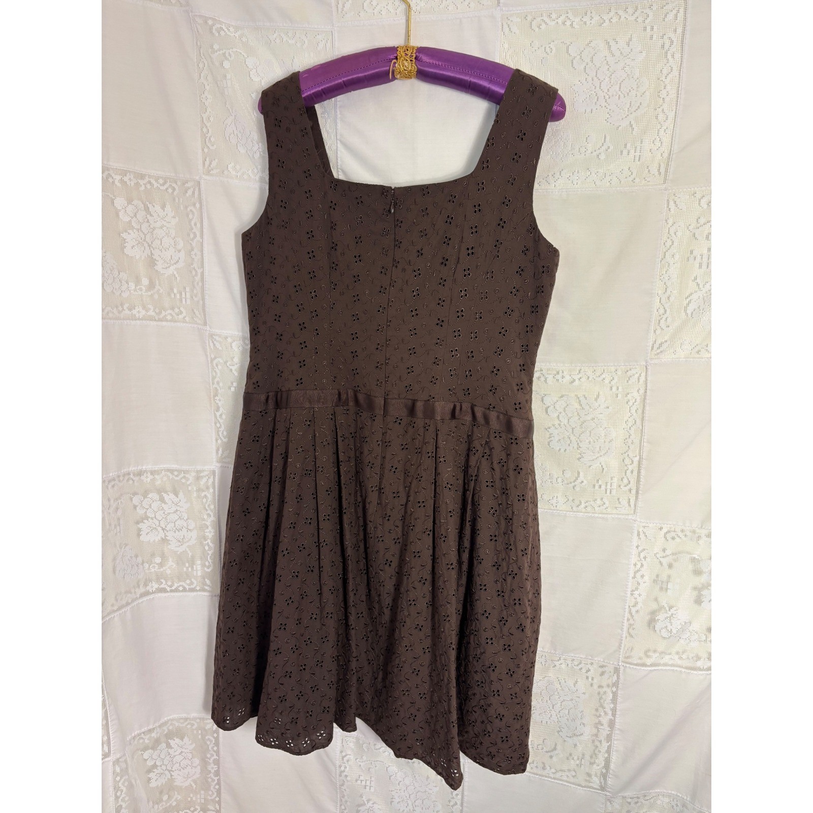 VTG Brown Cottage Twee Bow Front Babydoll Cotton Eyelet Midi Dress Size XL