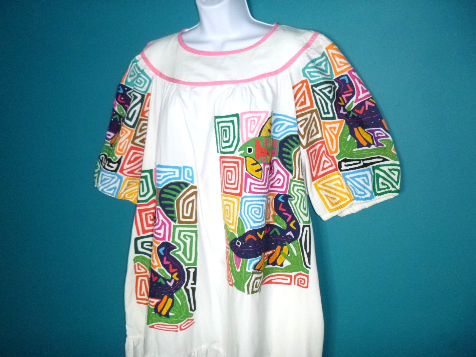 Vtg 70s Seds Crafts Mola Panama Reverse Applique Dress Fish Geckos One Size