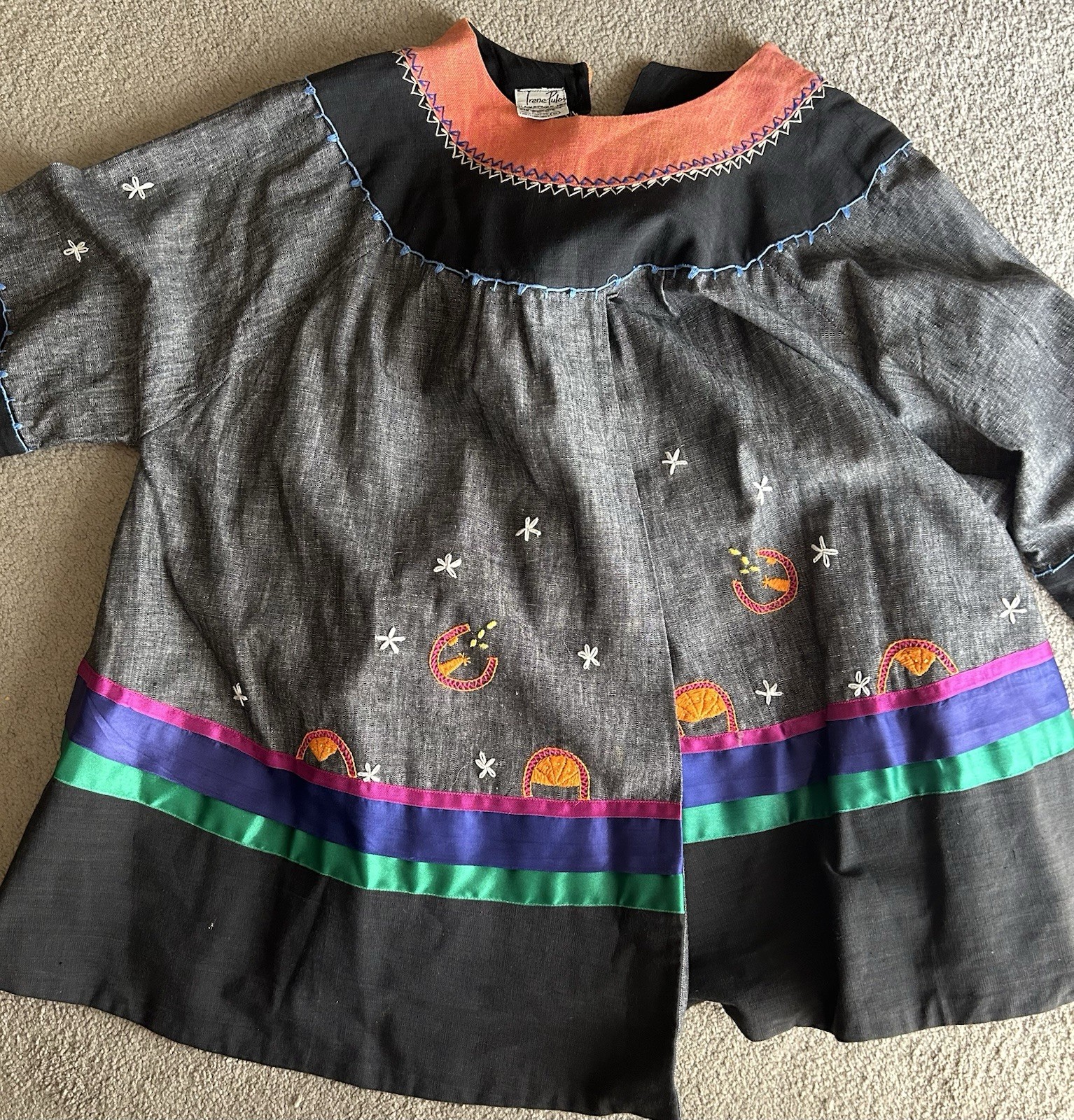 Irene Pulos Hand Embroidered Colorful Smock-Open Drape-Jacket- Blouse Size G