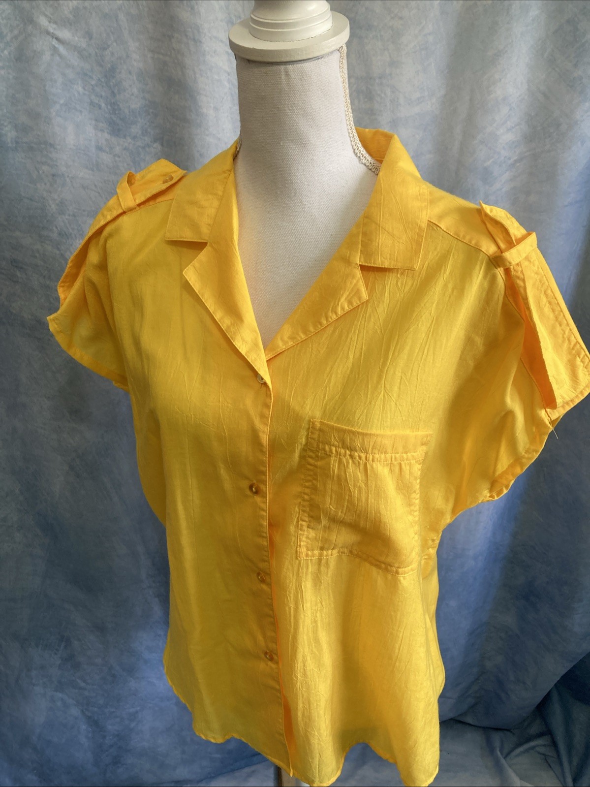 Vtg 80s SHAPELY Yellow Blouse Shirt Sz 14 Dolman Short Sleeve Sheer Poly GUC