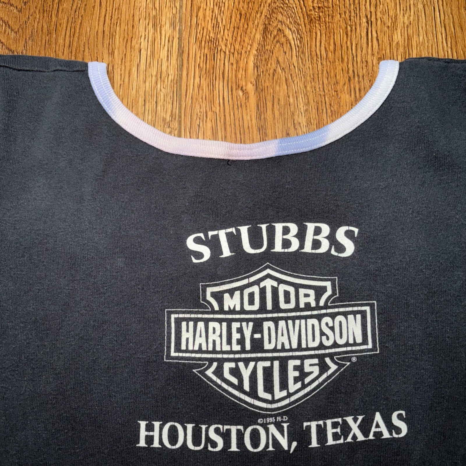VTG 1995 Harley Davidson Rules Womens XL Baby Tee Houston TX Ringer Shirt USA