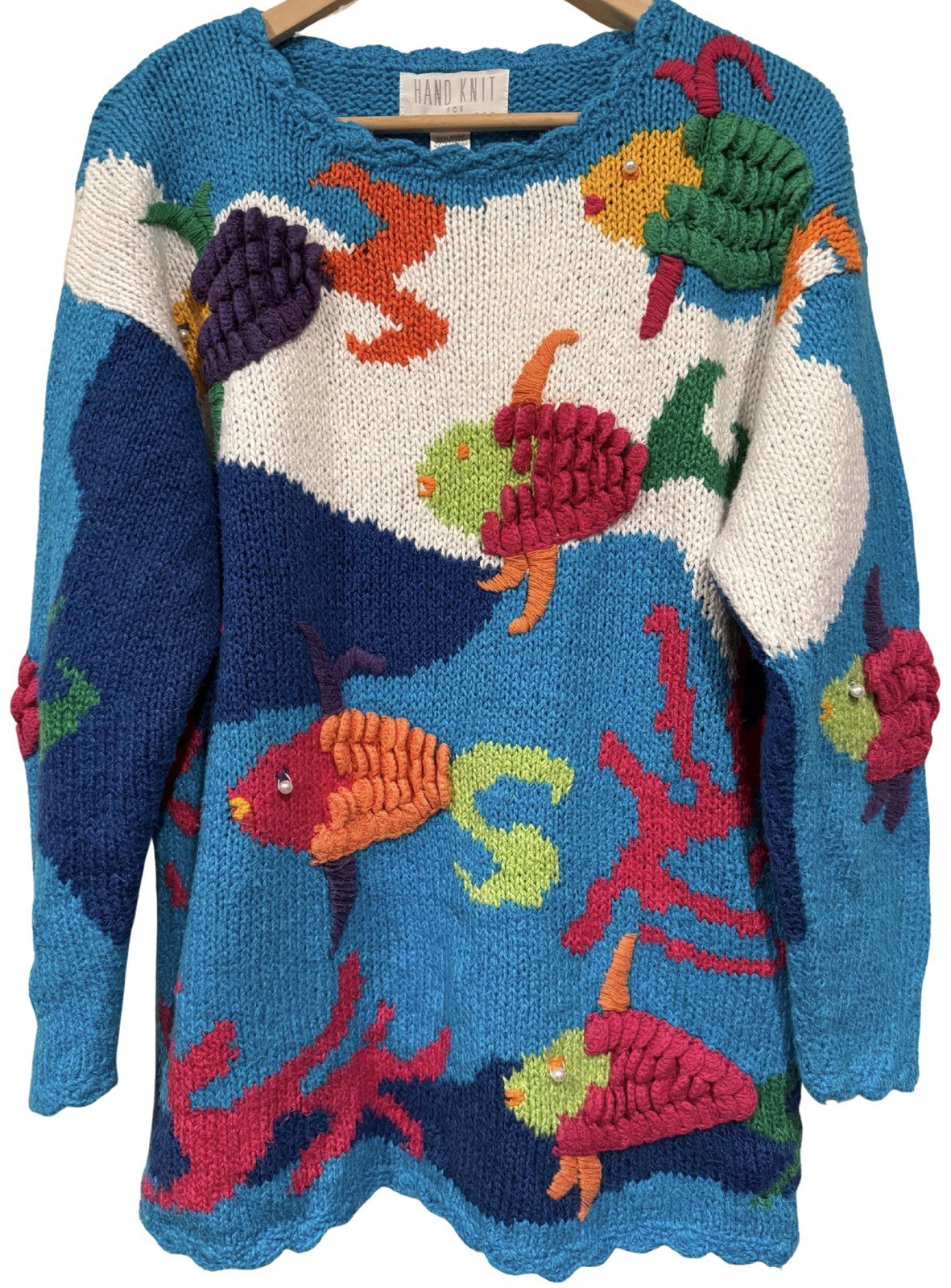 Hand Knit For The Limited Vintage 1990s Ramie Cotton Fish Sweater Novelty M/L
