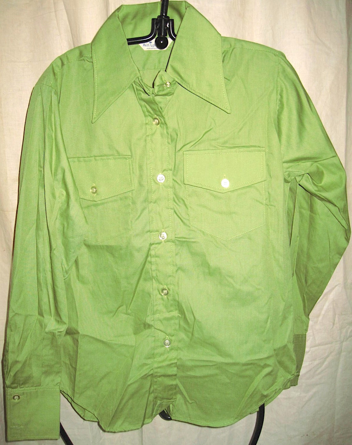 Miss Fashionability Green Utility Vtg 1970s Shirt Dagger Collar Deadstock Womens