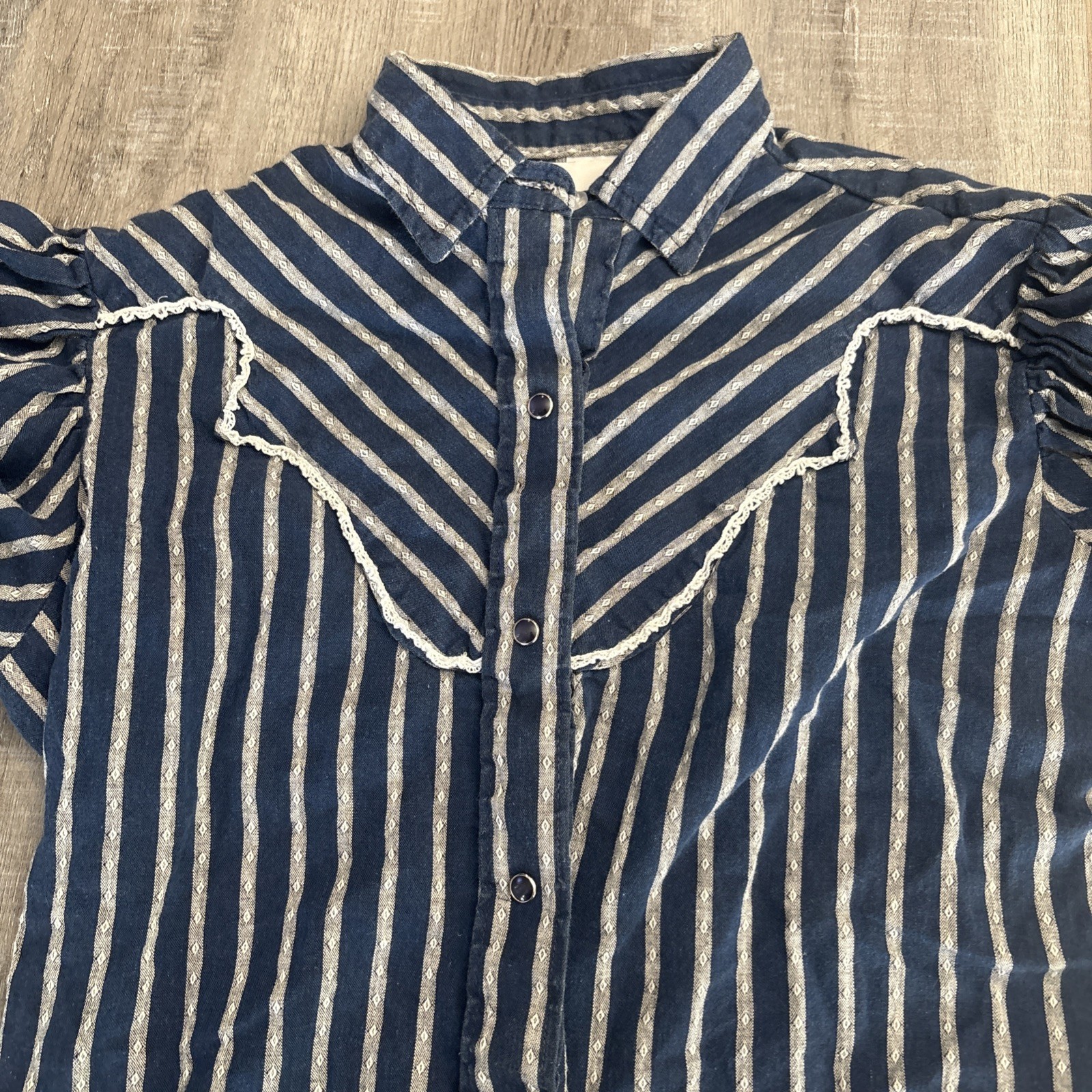 Vtg Miss Rodeo America Prairie Western Blouse Blue Stripe Puff Sleeve Cowgirl