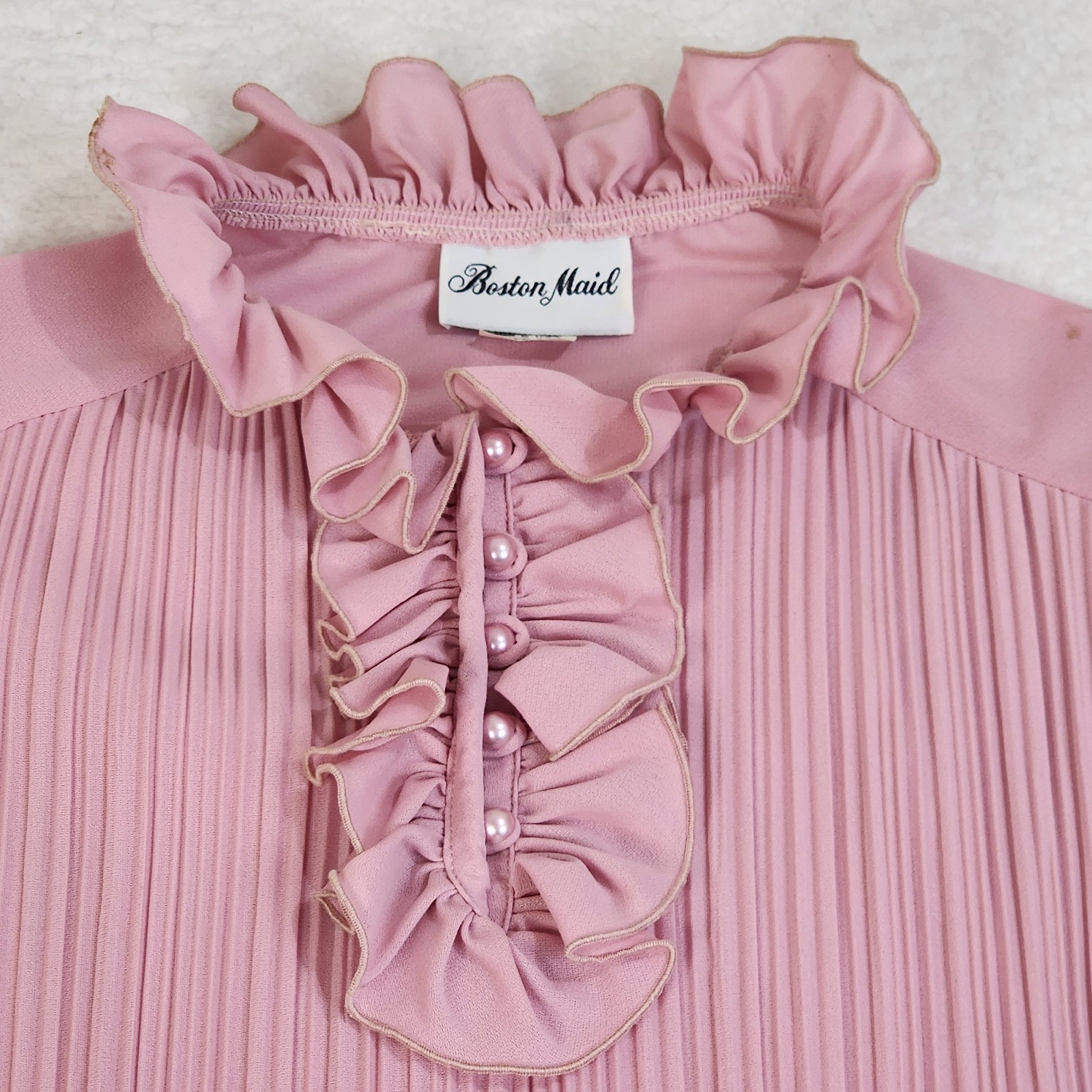 Ruffle Neck Blouse Vintage 70s Pink Sz 14 Boston Maid Pink Ruffled Top #1355
