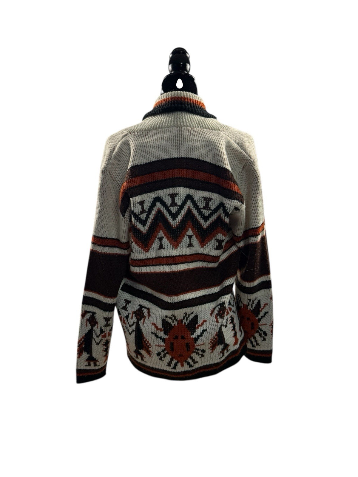 VTG Cardigan Sweater Aztec Knit Open Front Shawl Collar Earth Tones Sz S No Belt
