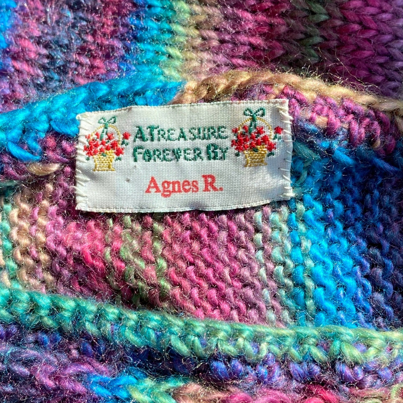 VTG Handknit Colorful Striped Balloon Sleeve Bubble Hem Sweater Twee Grandmacore