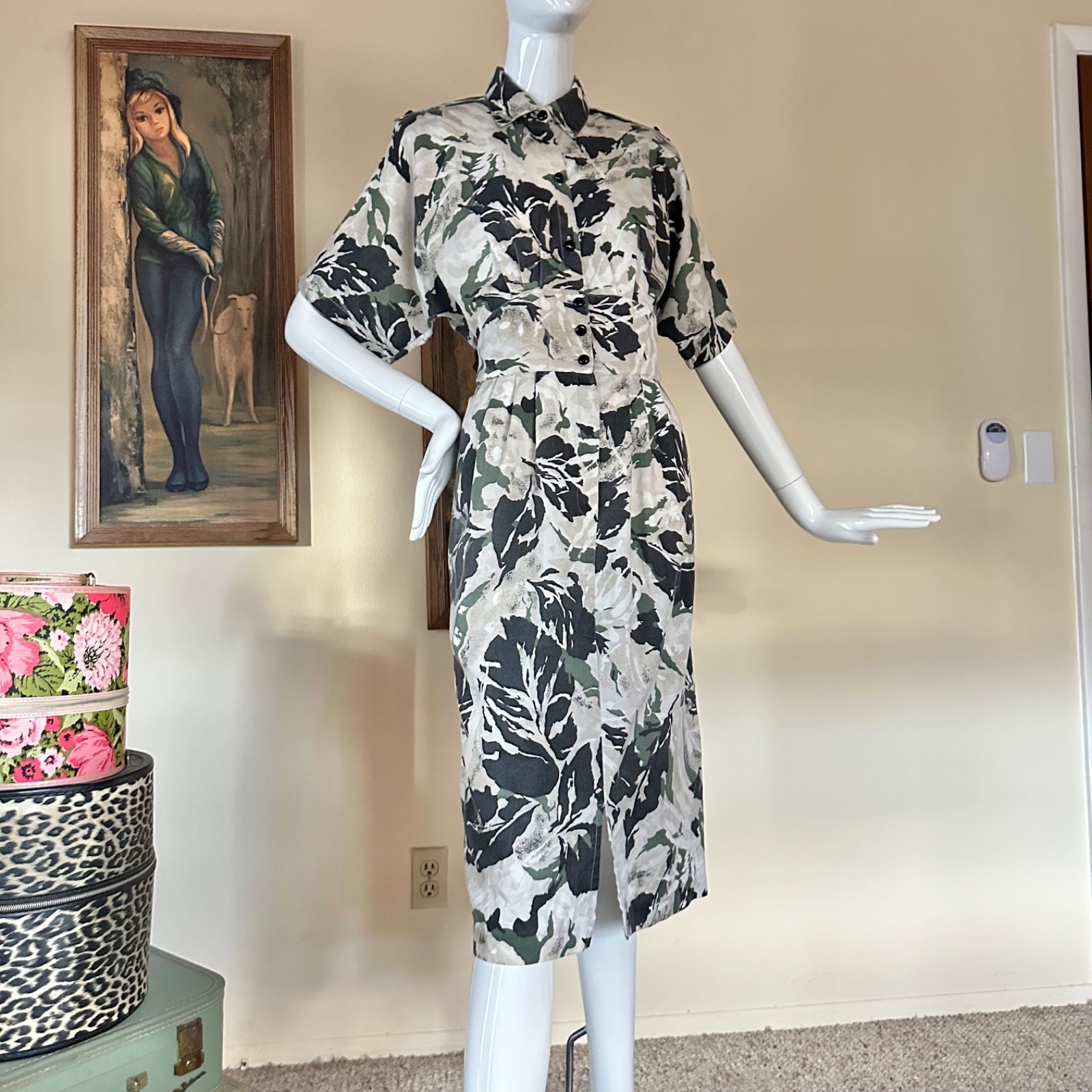 Vintage 1980s New Wave Camo Print Shirtwaist Uniform Military Day Dress M