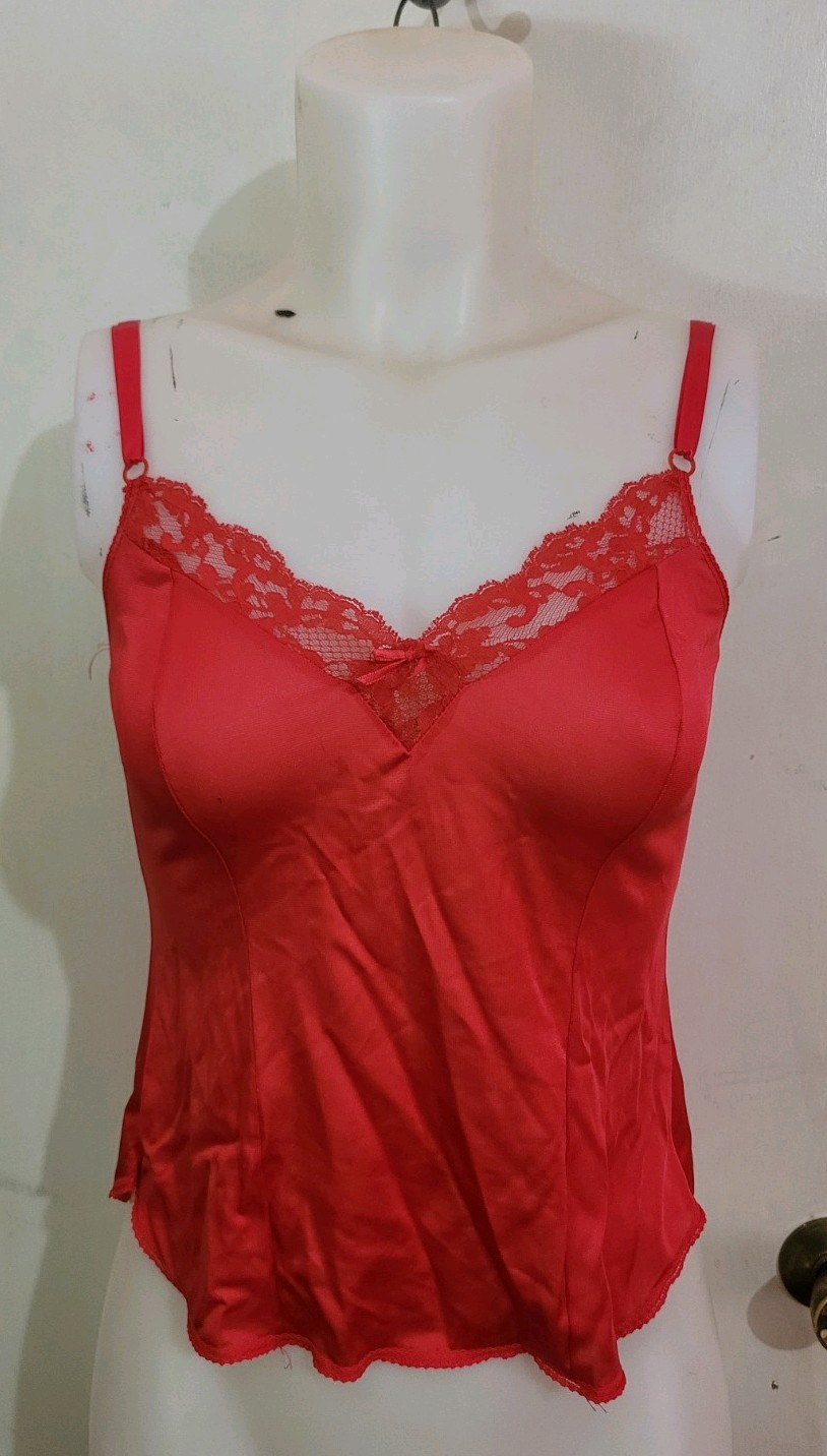 Vintage Maidenform Cherry Red Camisole Sz 34 Lace Trim Bow Sexy Pin Up Lingerie