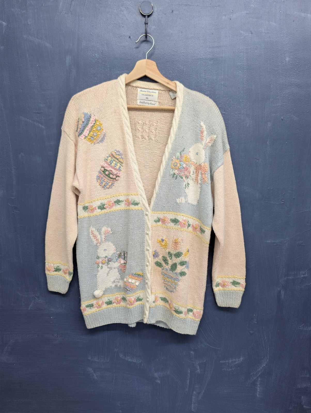Vintage 90s Marisa Christina XL Sweater Hand Knit Cardigan Easter Bunny