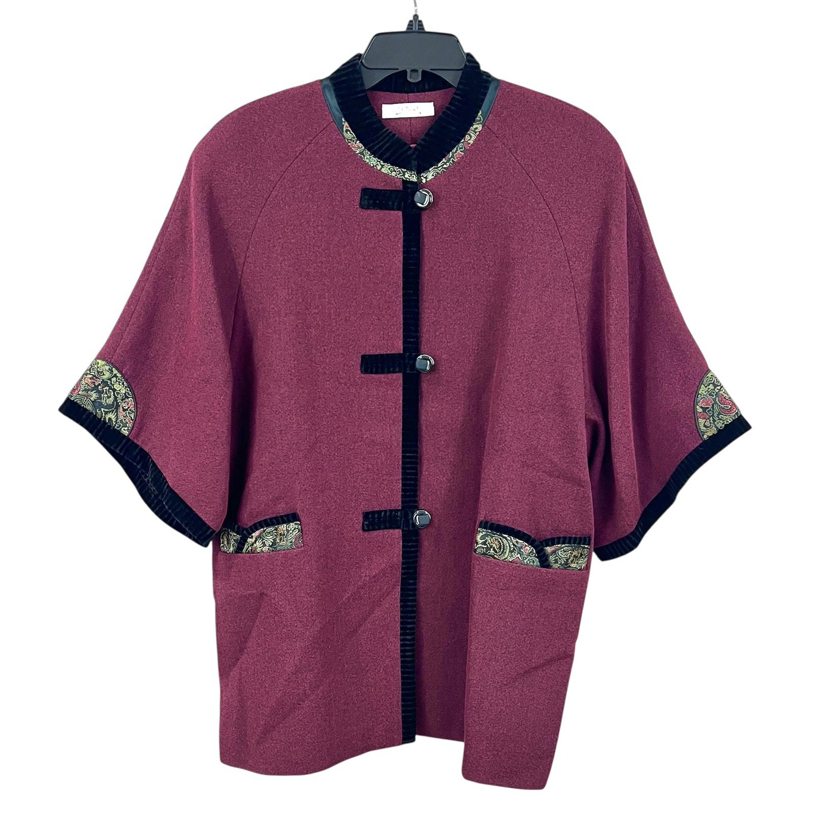 Vintage Asian Mandarin Collar Satin Brocade Velvet Kimono Blazer Cape Jacket