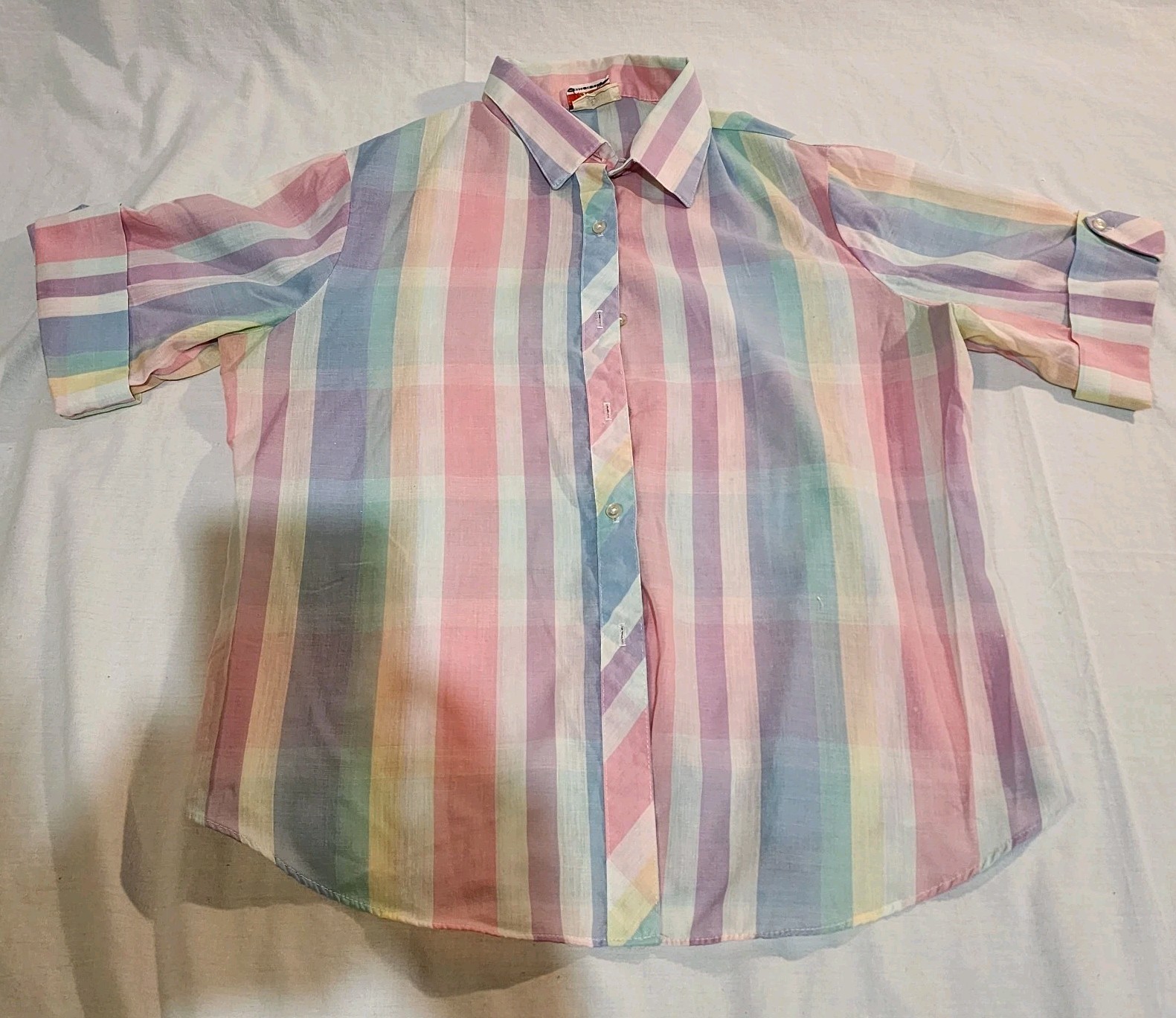 Vintage 80s Shirt Accent Women’s Button Down Shirt Pastel Striped Retro Blouse