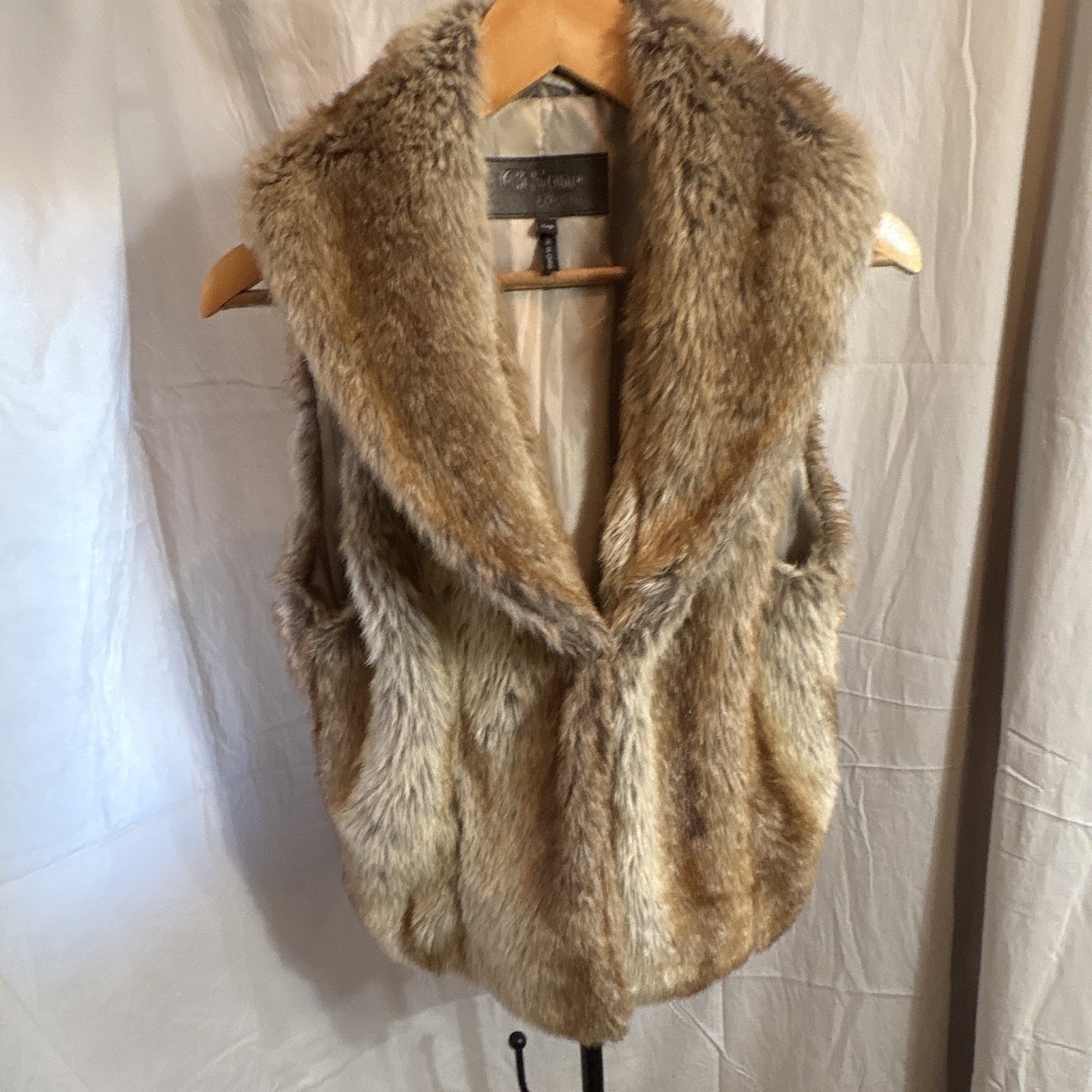 Ci Sono by Cavalini Faux Fur Vest Womens Size Large Shaggy Neutral Mob Wife Vtg