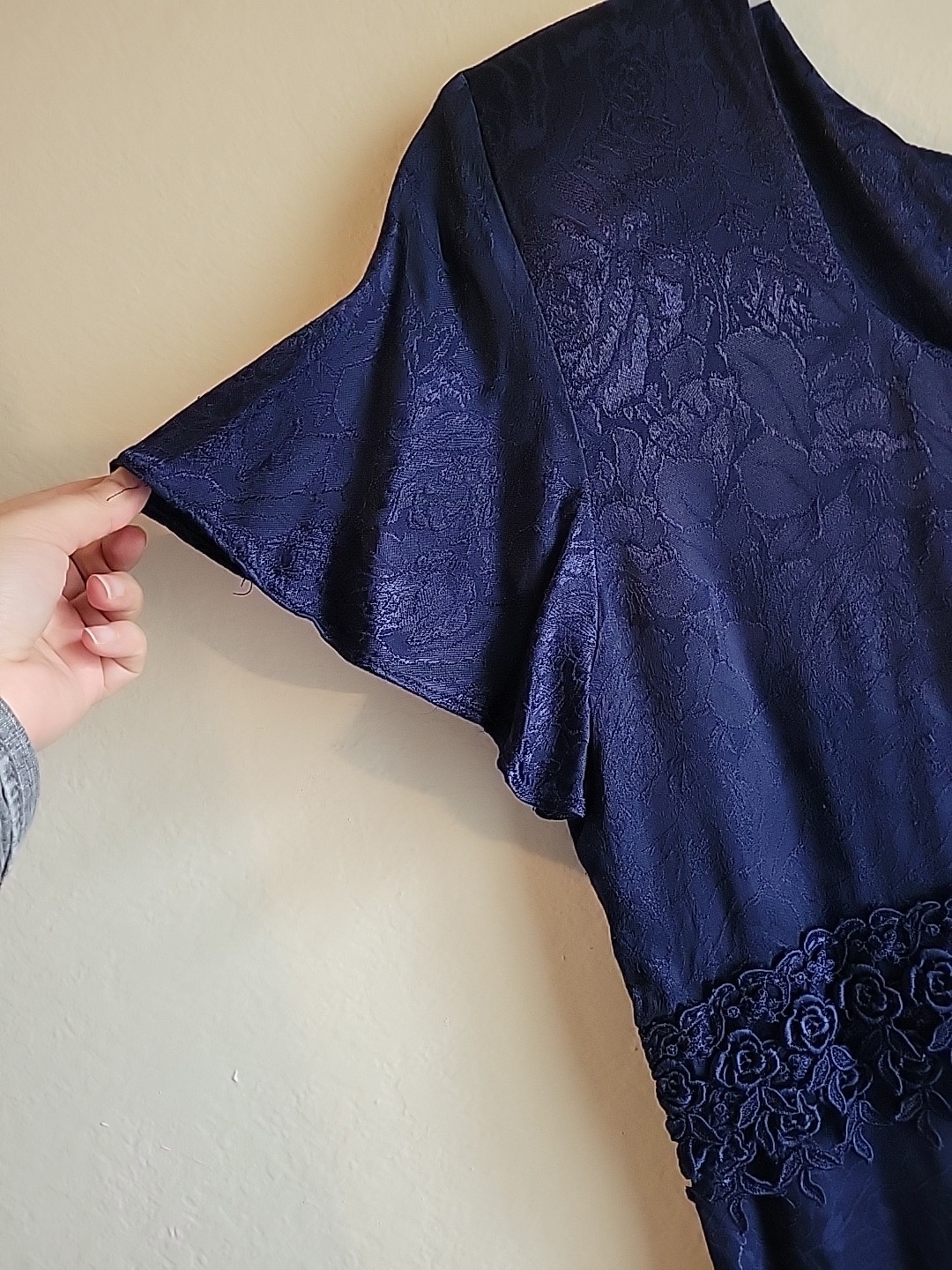 Vtg Frederick Of Hollywood By Jody Cold Rayon Rose Dress 11/12 USA Made Navy Blu