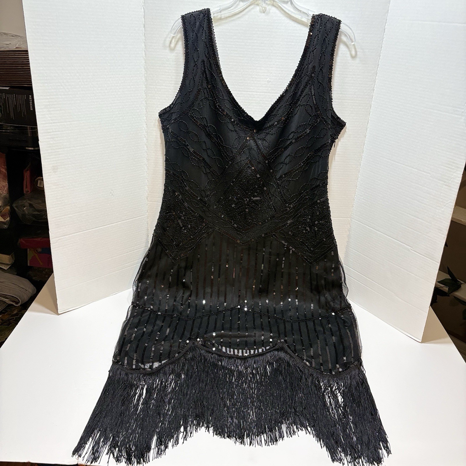 Black Sequin Beaded Flapper Dress Gatsby Fringe Mesh Cocktail Party Dress 3XL