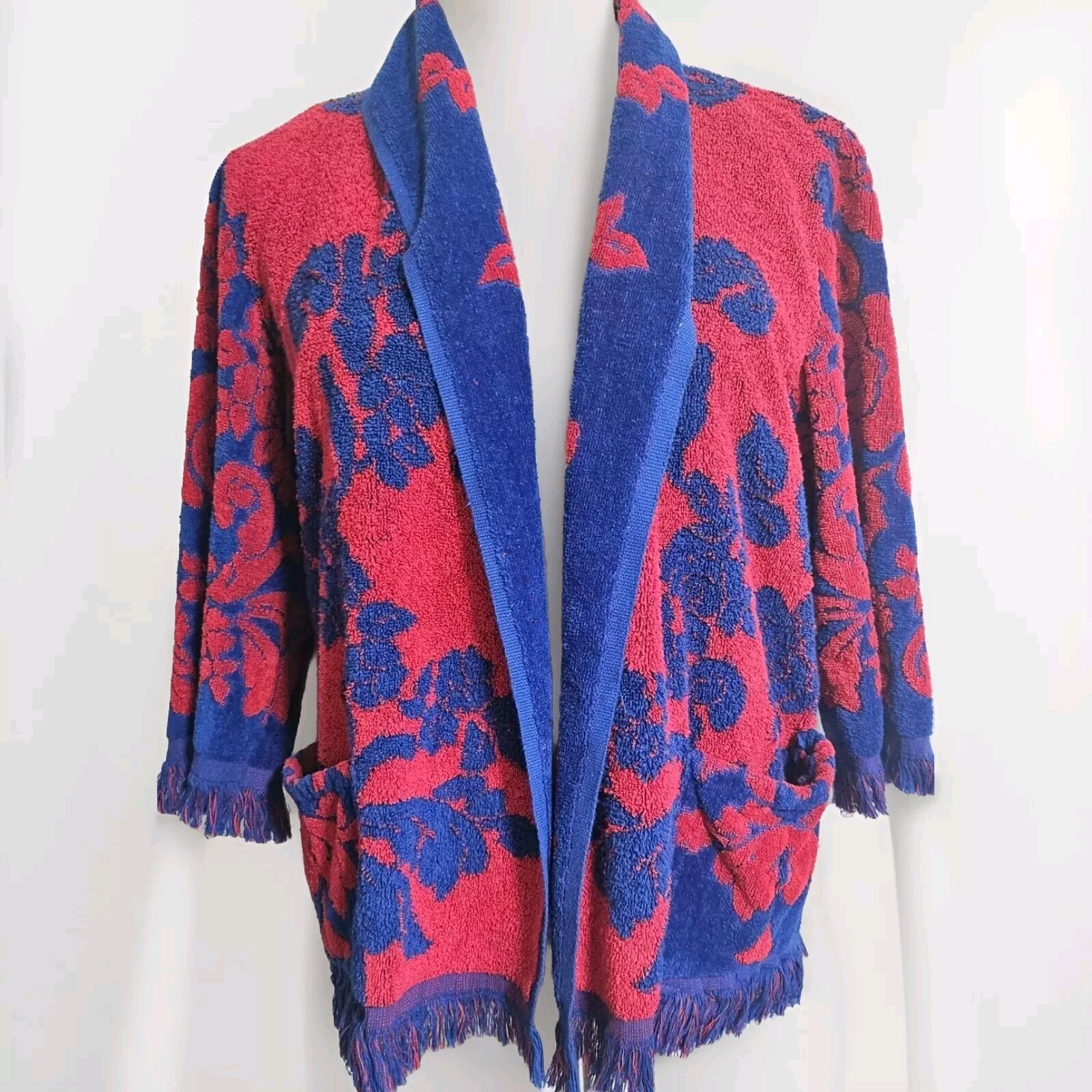 Vintage 70s Sculpted Towel Jacket Terrycloth Coverup w Pockets Red Blue OSFM