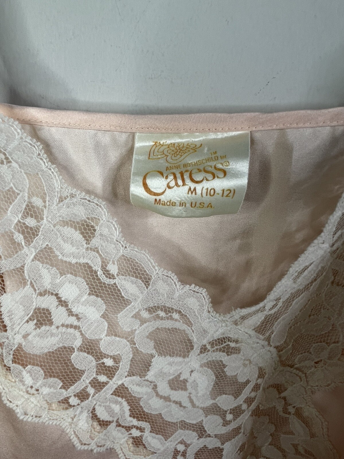 Vintage Anne Rothschild for Caress Lingerie Satin Lace Blush Peach M Chemise USA