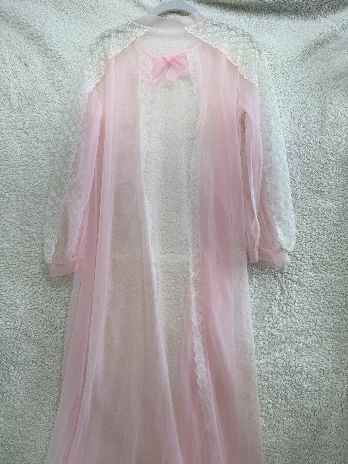 Vintage Pink Sheer Nylon Peignoir Robe Lace Trim Bridal Lingerie Medium M