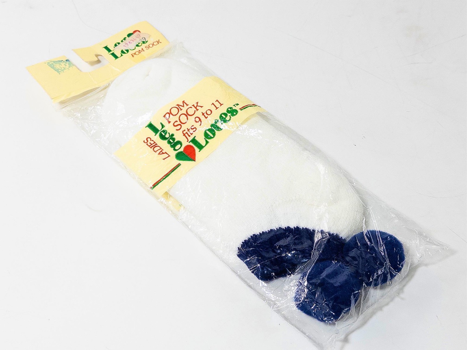 Ladies Leg Loves Pom Socks 9-11 White & Navy, New Old Stock, Vintage Rare, GR8